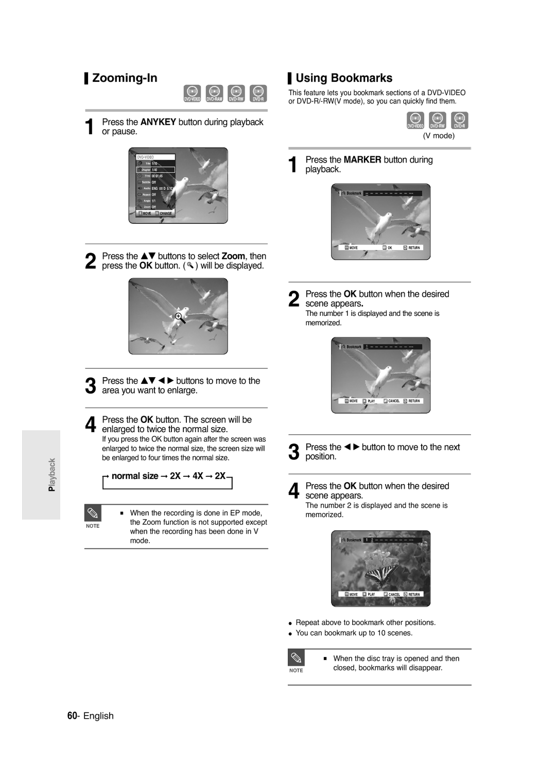 Samsung DVD-R120/XET, DVD-R120/EUR manual Zooming-In, Using Bookmarks, Normal size 2X 4X 