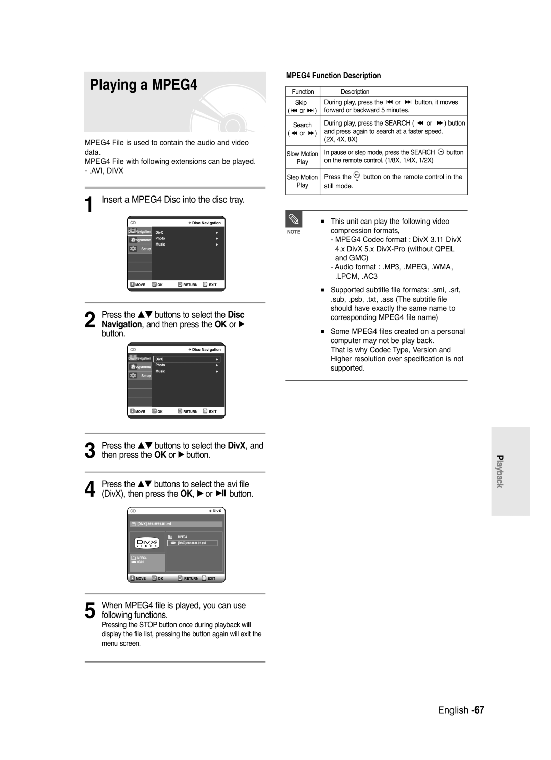 Samsung DVD-R120/EUR, DVD-R120/XET Playing a MPEG4, Insert a MPEG4 Disc into the disc tray, MPEG4 Function Description 