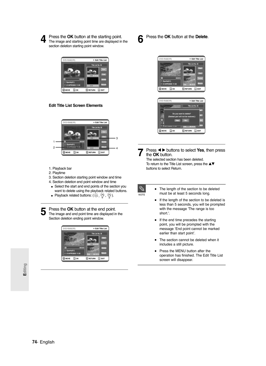 Samsung DVD-R120/XET manual Press the OK button at the Delete, Press œ √ buttons to select Yes, then press the OK button 