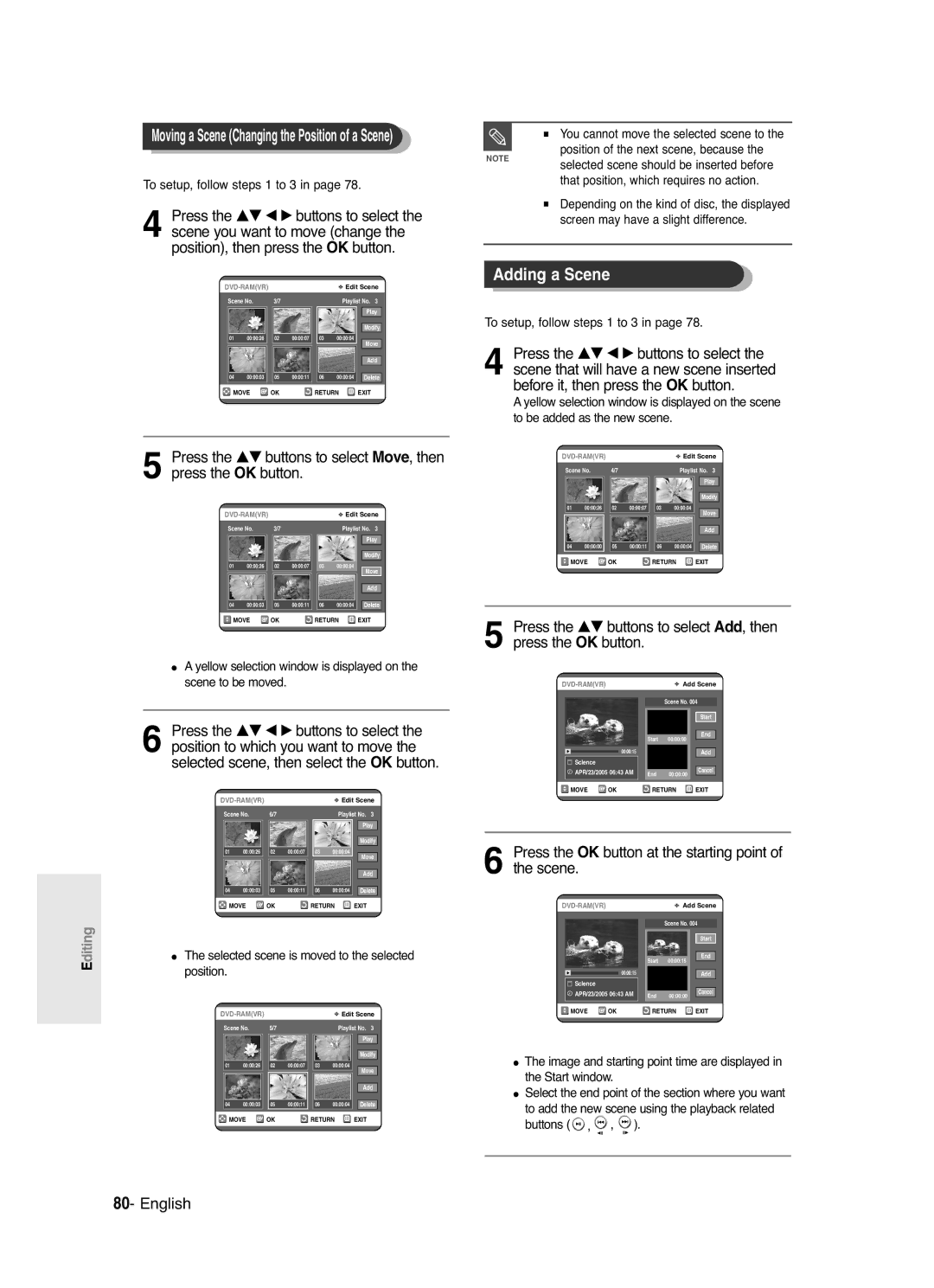 Samsung DVD-R120/XET, DVD-R120/EUR manual Adding a Scene, Press the OK button at the starting point of the scene 