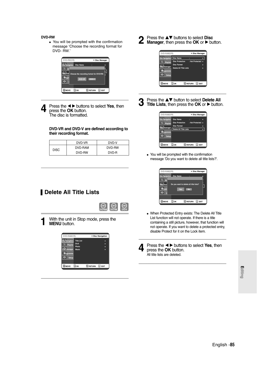 Samsung DVD-R120/EUR, DVD-R120/XET manual Delete All Title Lists, All title lists are deleted 