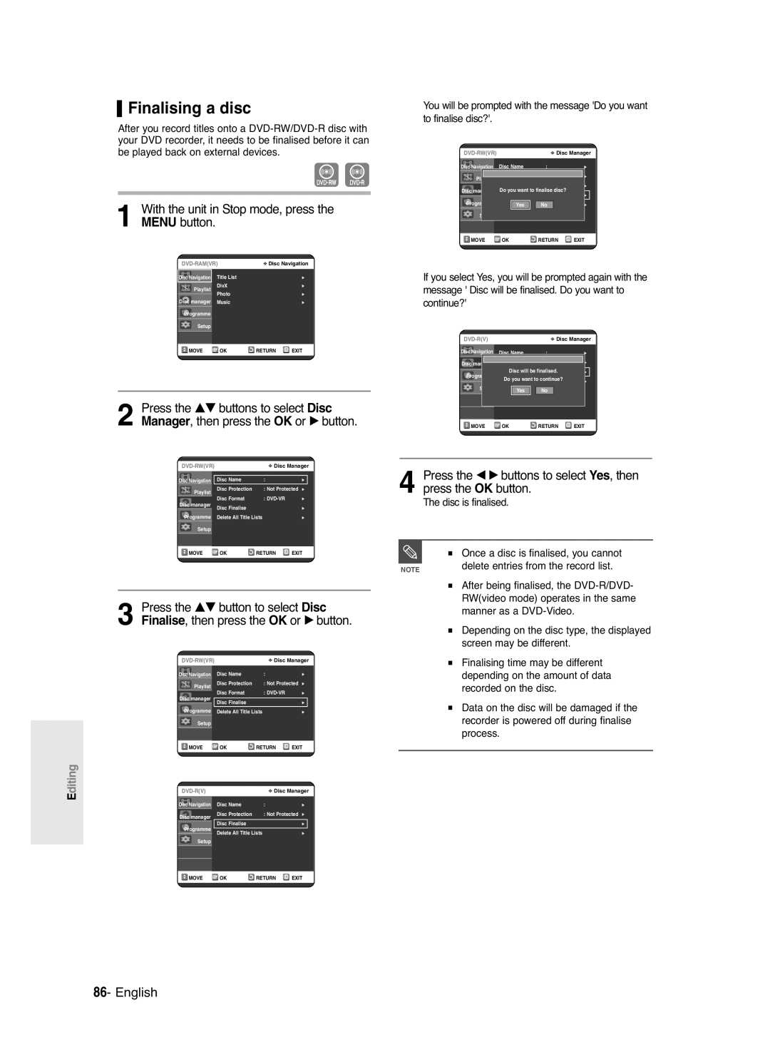 Samsung DVD-R120/XET, DVD-R120/EUR manual Finalising a disc, Disc is finalised 