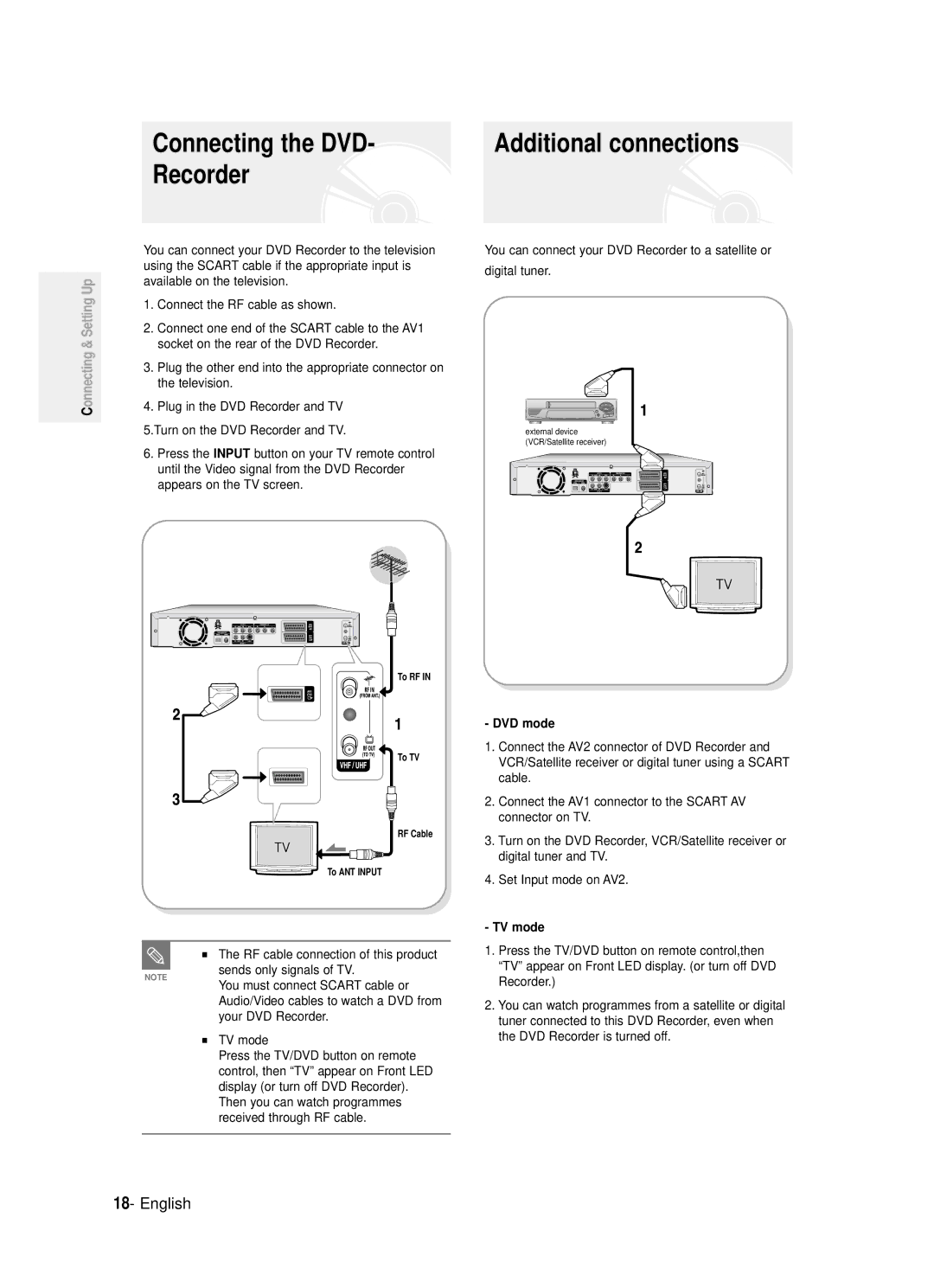 Samsung DVD-R121/EUR, DVD-R120/XET, DVD-R121/XET, DVD-R120/EUR manual Connecting the DVD, DVD mode, TV mode 