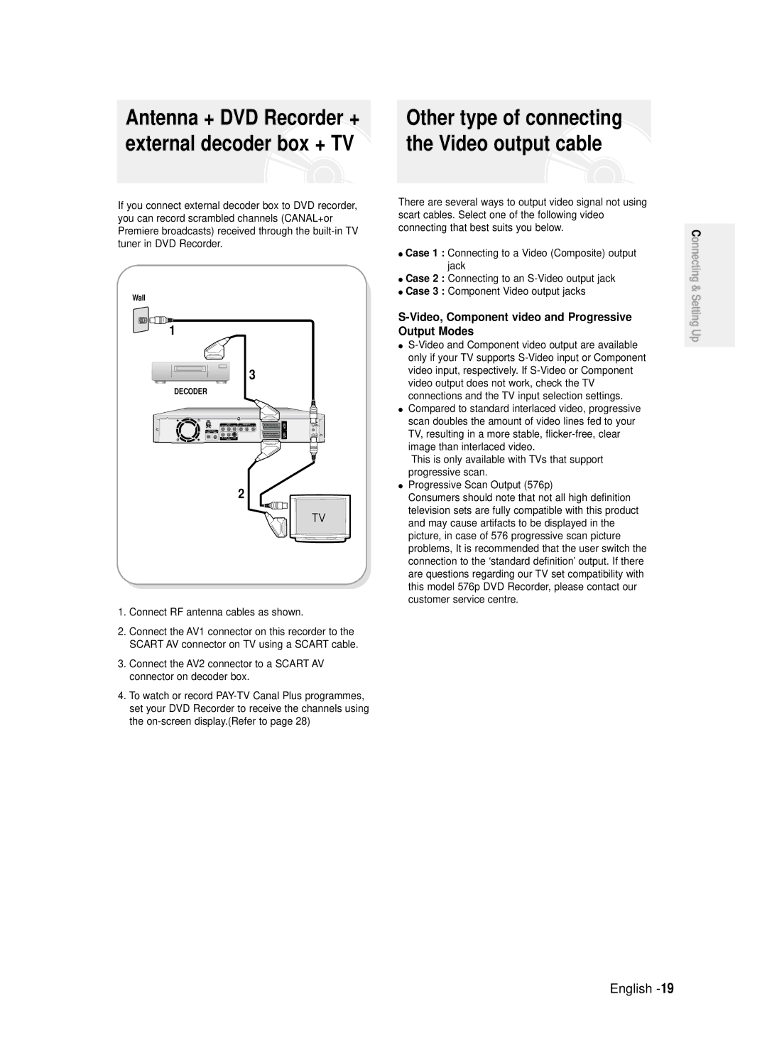 Samsung DVD-R120/EUR, DVD-R120/XET Video, Component video and Progressive Output Modes, Connect RF antenna cables as shown 