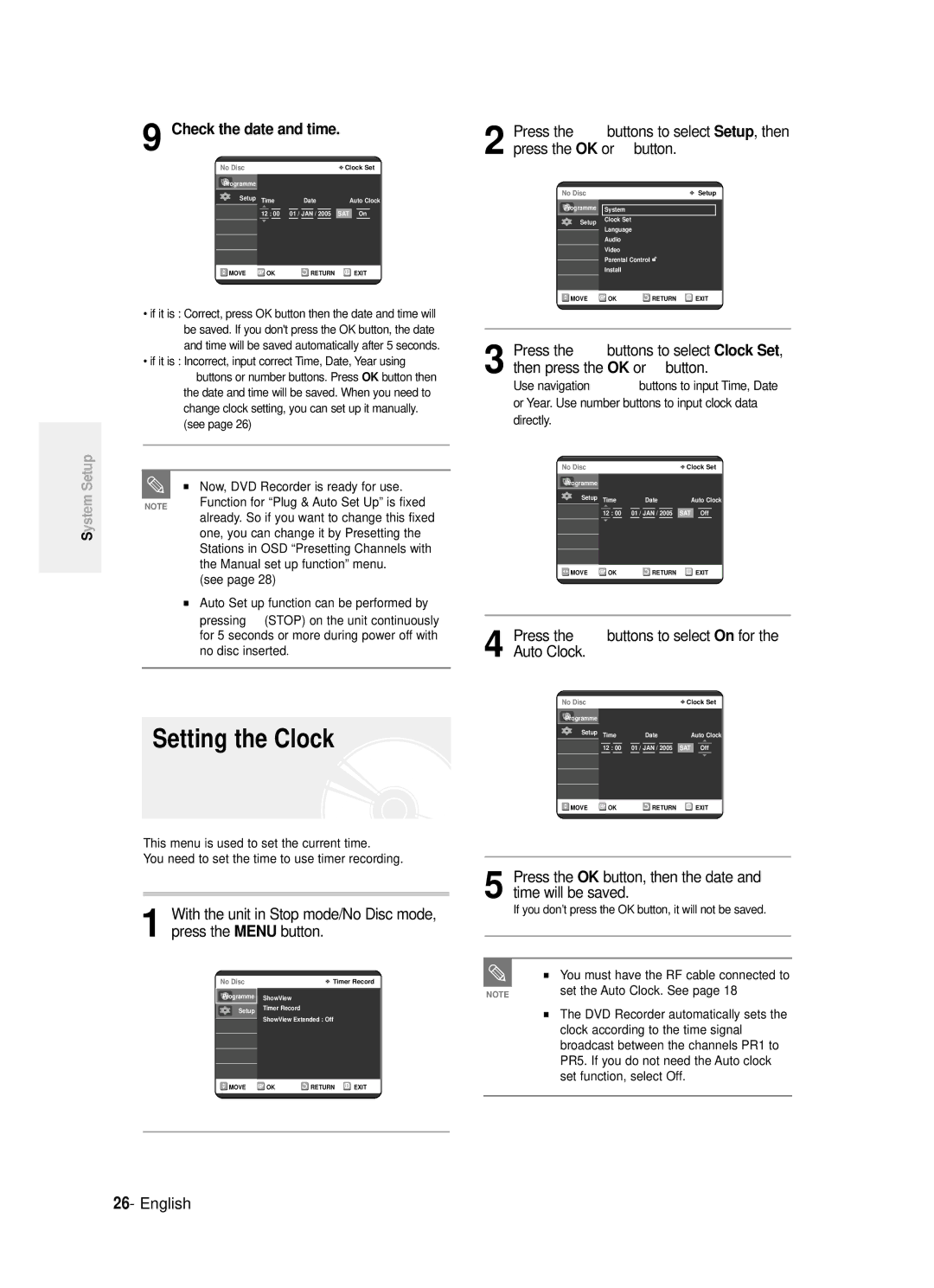 Samsung DVD-R121/EUR, DVD-R120/XET, DVD-R121/XET, DVD-R120/EUR Setting the Clock, Check the date and time, √ button, On for 