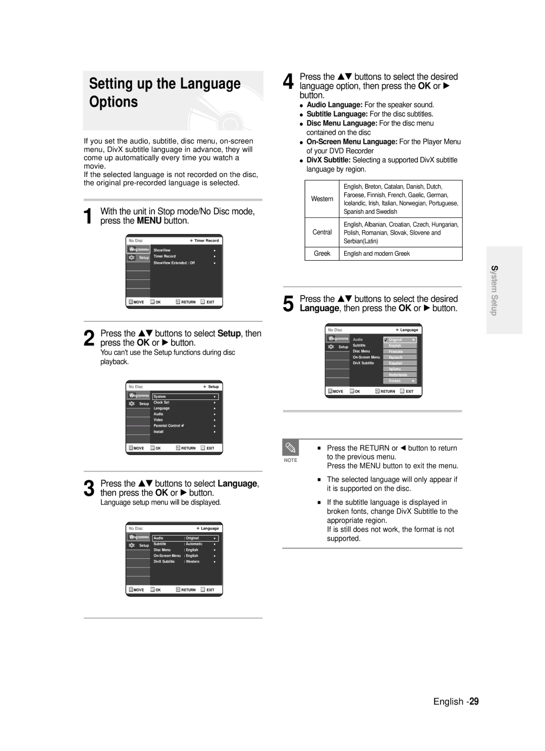 Samsung DVD-R121/XET Setting up the Language Options, Button, …† buttons to select the desired, Then press OK or √ button 