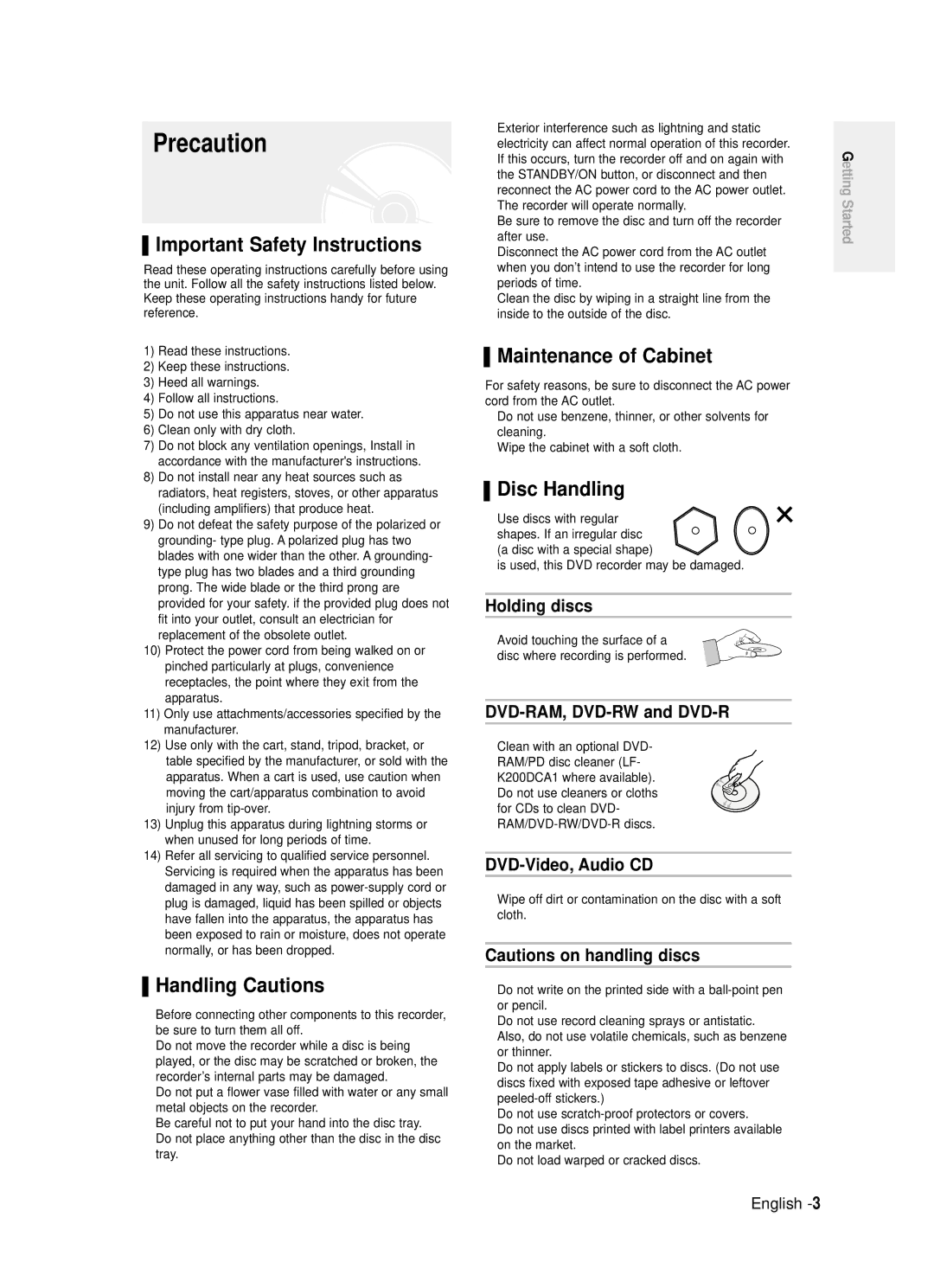 Samsung DVD-R120/EUR Precaution, Important Safety Instructions, Handling Cautions, Maintenance of Cabinet, Disc Handling 