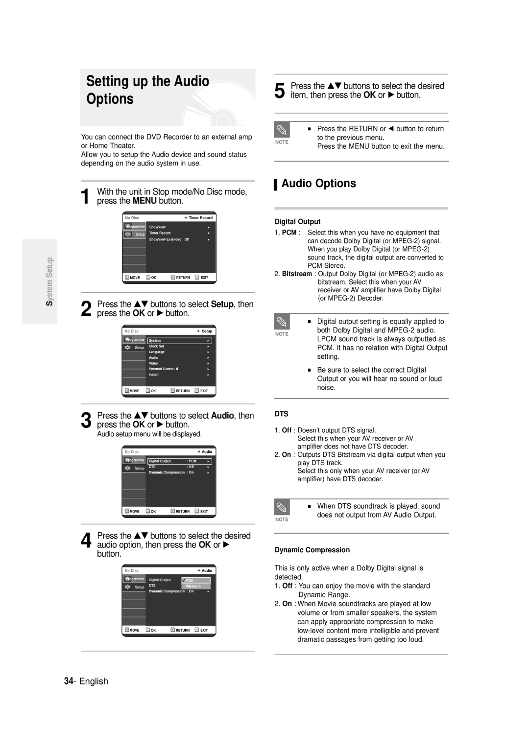 Samsung DVD-R121/EUR, DVD-R120/XET, DVD-R121/XET manual Setting up the Audio Options, Button, Setup, then, Audio, then 