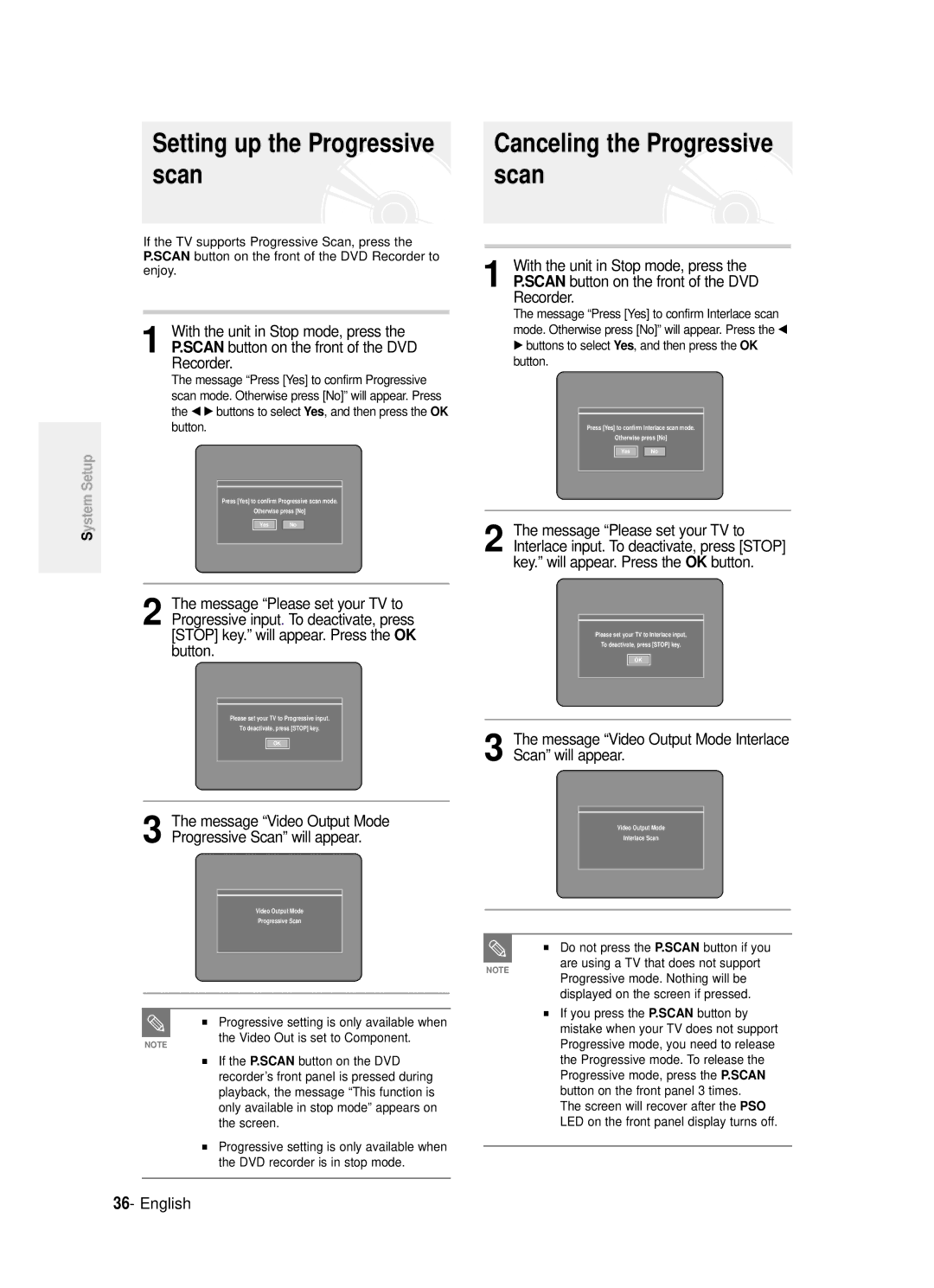 Samsung DVD-R120/XET Setting up the Progressive scan, Canceling the Progressive scan, With the unit in Stop mode, press 