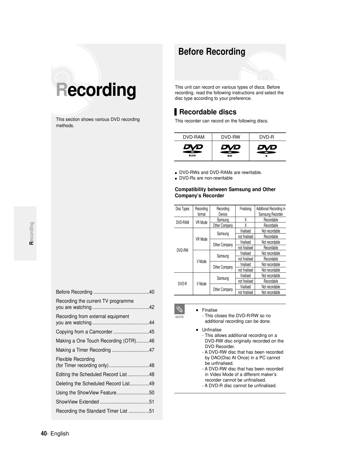 Samsung DVD-R120/XET manual Before Recording, Recordable discs, Compatibility between Samsung and Other Company’s Recorder 