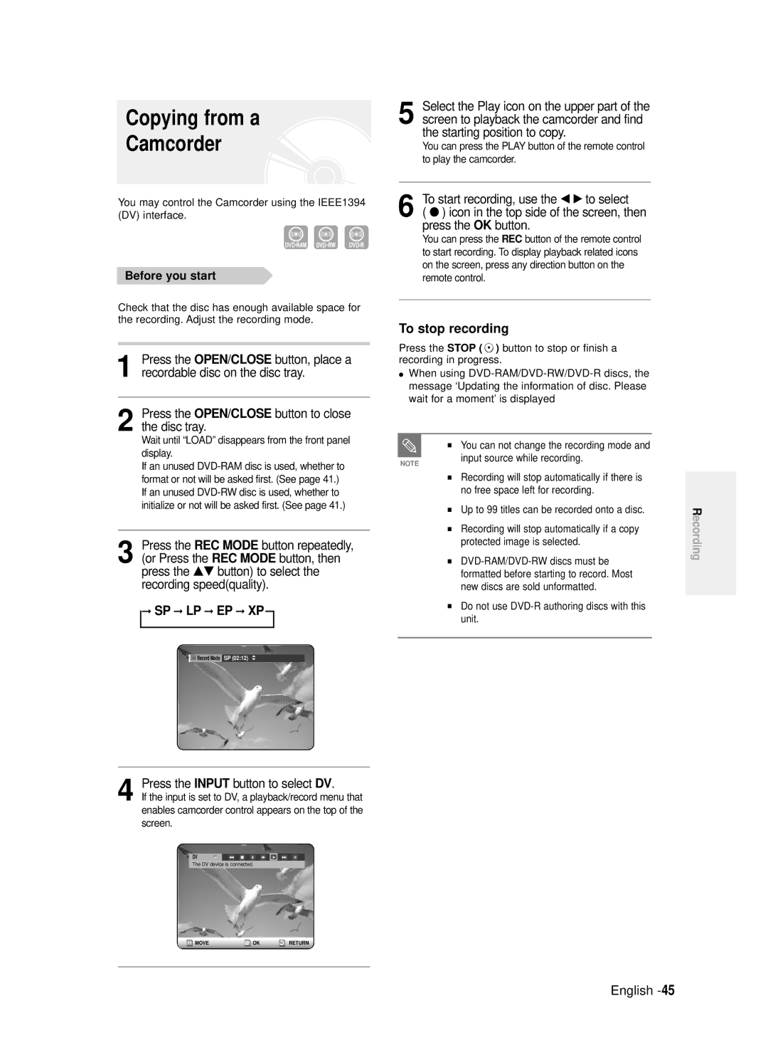 Samsung DVD-R121/XET Copying from a Camcorder, √ to select, Press the Input button to select DV, Starting position to copy 