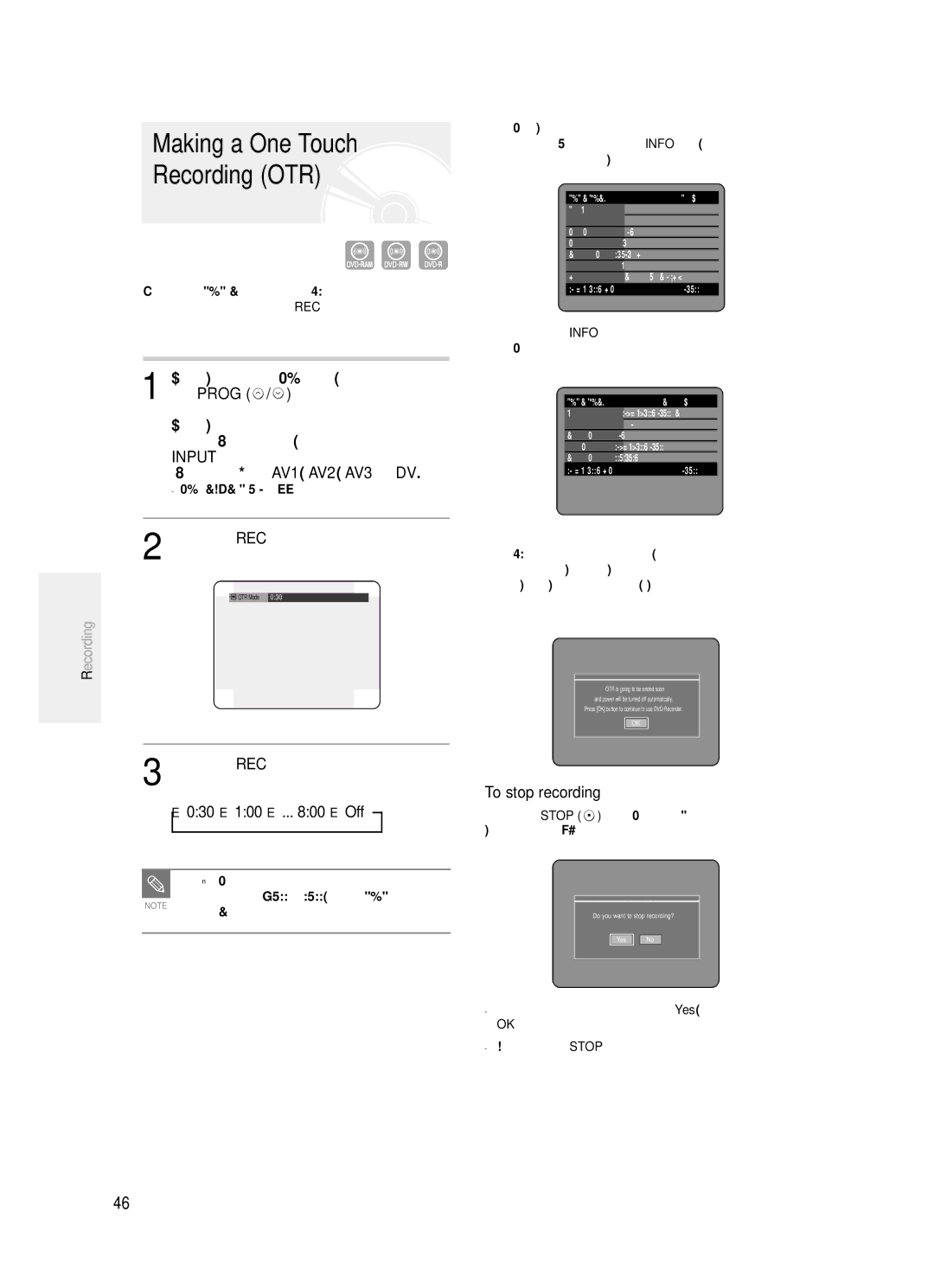 Samsung DVD-R121/EUR, DVD-R120/XET, DVD-R121/XET Making a One Touch Recording OTR, Prog, AV1 , AV2 , AV3 or, 030 100 .. Off 