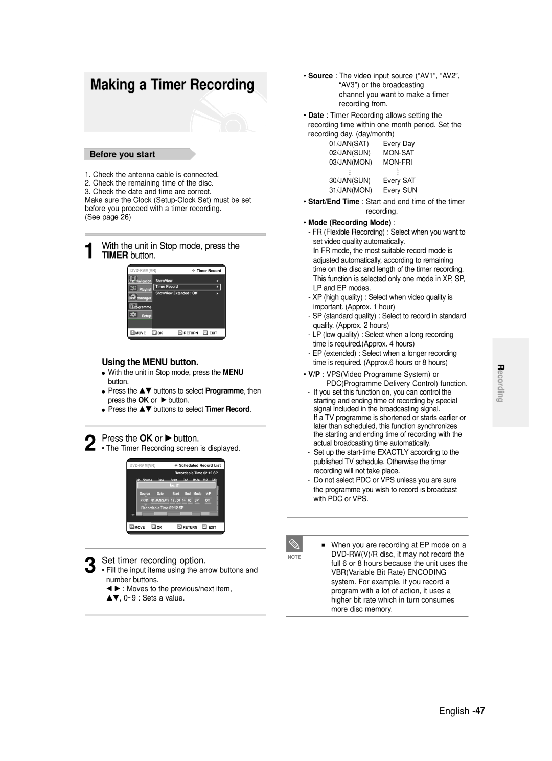 Samsung DVD-R120/EUR, DVD-R120/XET manual Making a Timer Recording, Timer button, Using the Menu button, Mode Recording Mode 