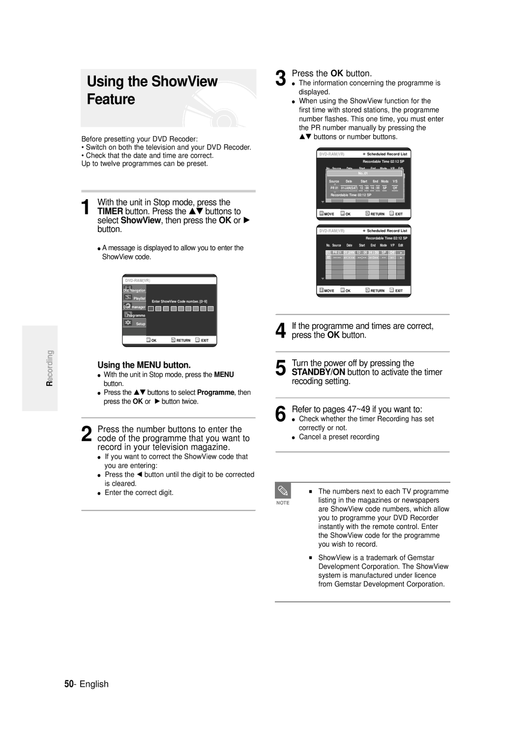 Samsung DVD-R121/EUR, DVD-R120/XET manual …† buttons to, Using the Menu button, OK button, Press OK or √ button twice 