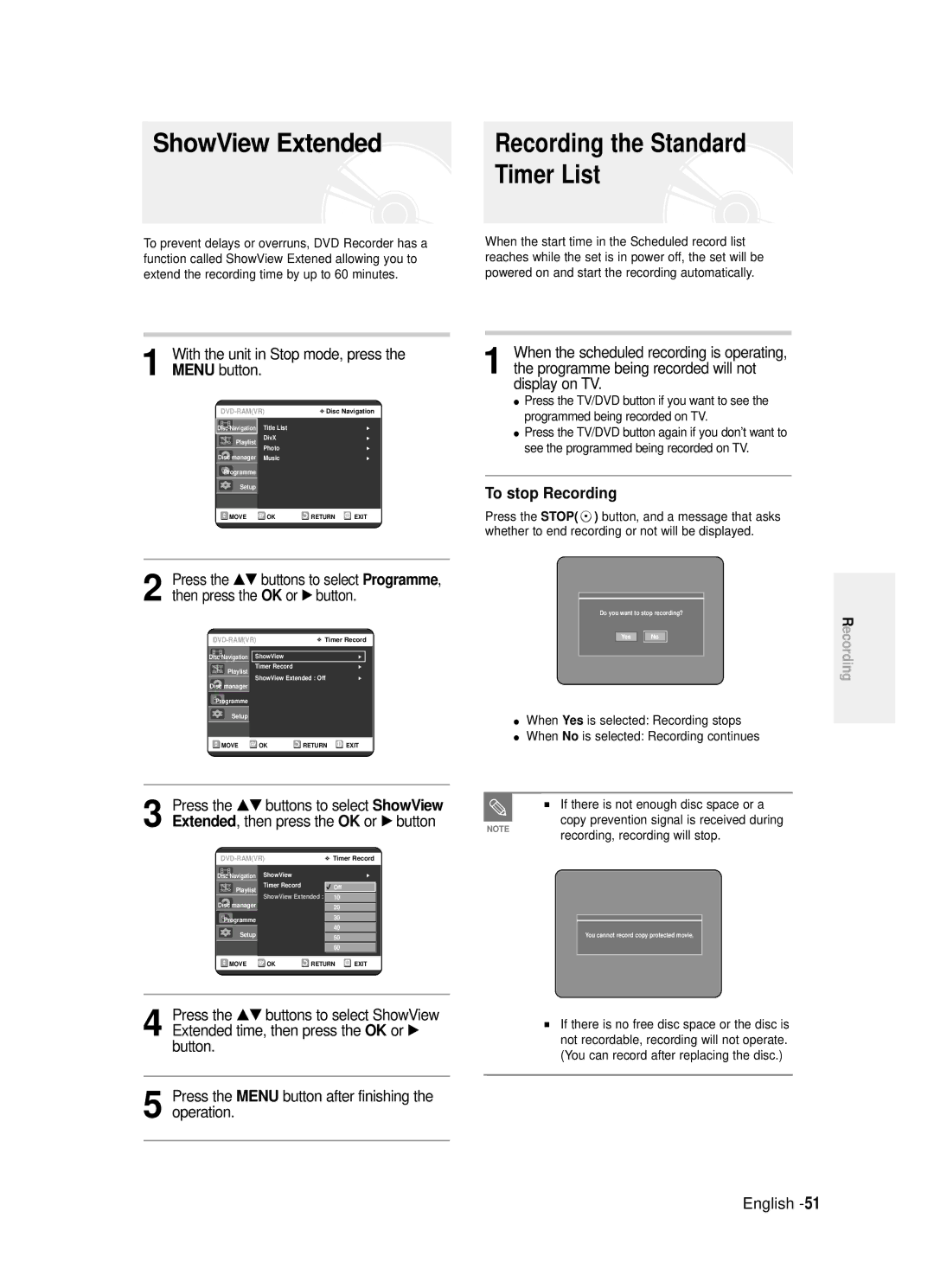 Samsung DVD-R120/EUR, DVD-R120/XET, DVD-R121/XET manual ShowView Extended, OK or √, Programme, Recording, recording will stop 