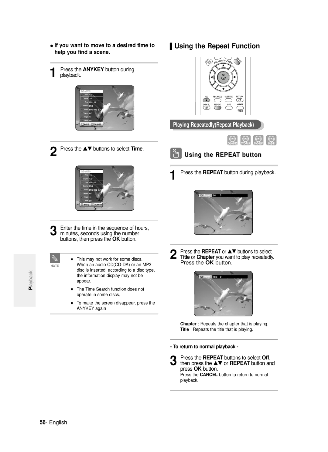 Samsung DVD-R120/XET, DVD-R121/XET, DVD-R121/EUR manual Using the Repeat Function, Playing RepeatedlyRepeat Playback, Time 