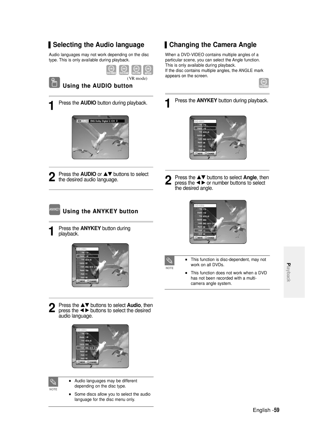 Samsung DVD-R120/EUR manual Selecting the Audio language, Changing the Camera Angle, Press the Audio button during playback 