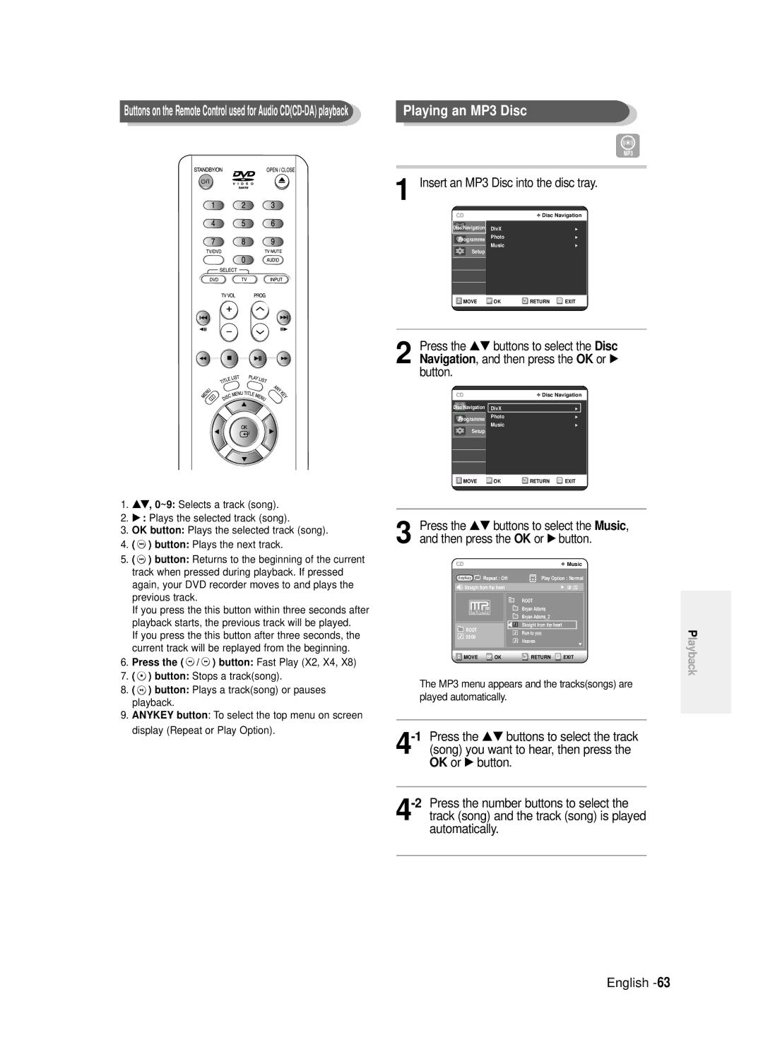 Samsung DVD-R120/EUR, DVD-R120/XET, DVD-R121/XET, DVD-R121/EUR Insert an MP3 Disc into the disc tray, OK or √, Music, Button 