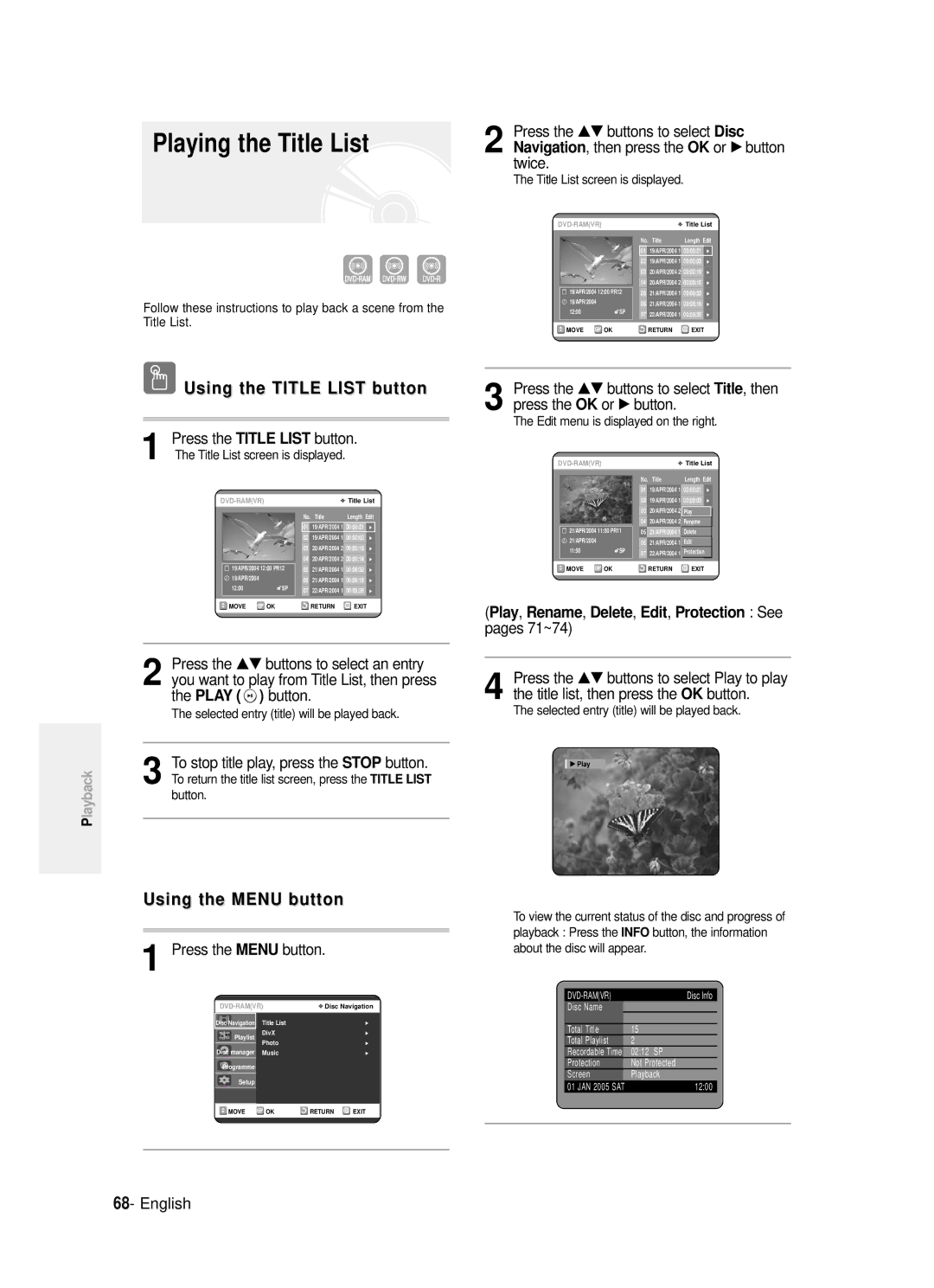 Samsung DVD-R120/XET, DVD-R121/XET, DVD-R121/EUR manual Playing the Title List, Play, Rename, Delete, Edit, Protection See 