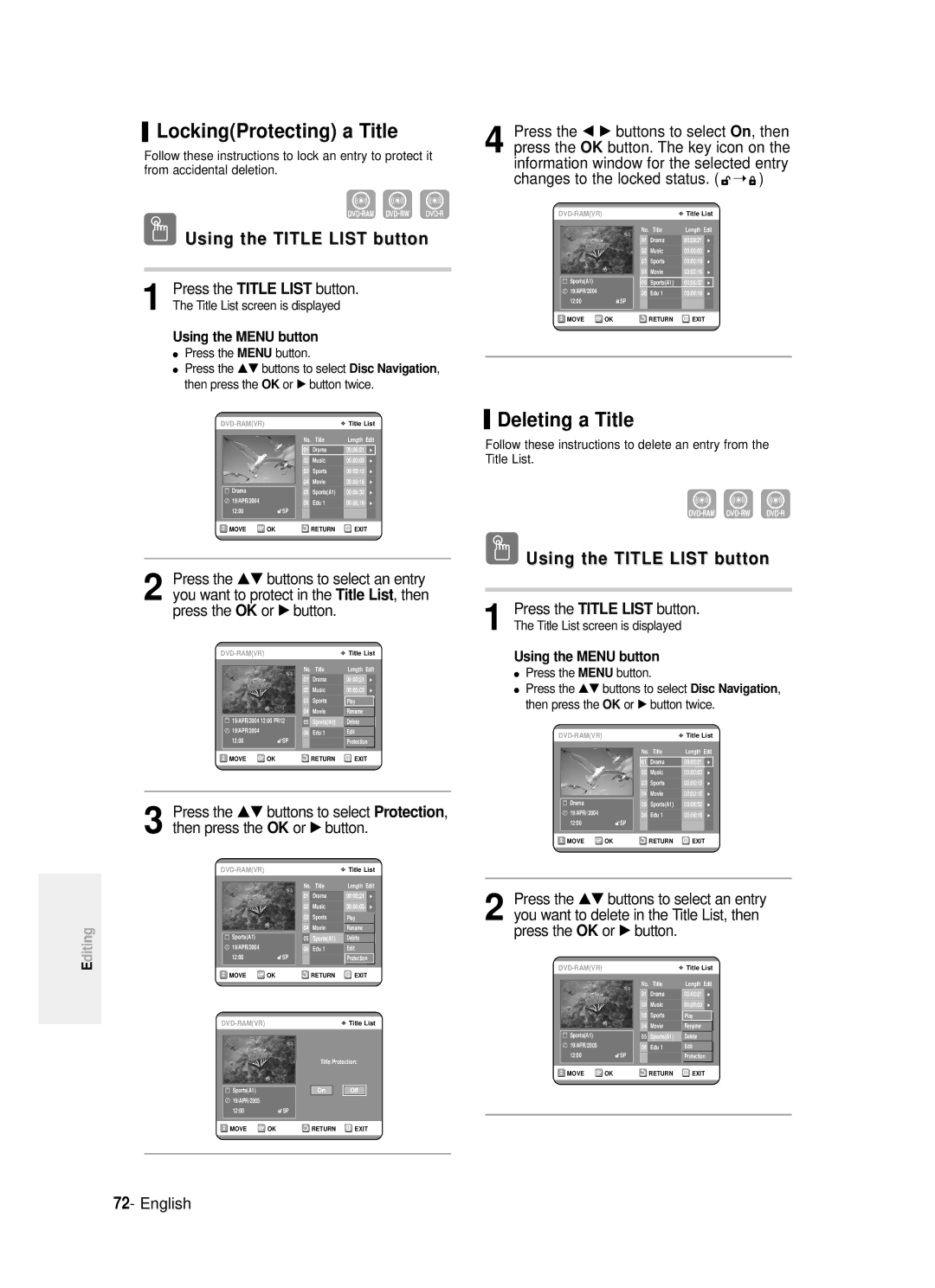 Samsung DVD-R120/XET manual LockingProtecting a Title, Deleting a Title, √ buttons to select, Changes to the locked status 