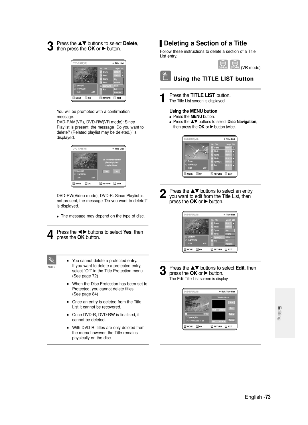 Samsung DVD-R121/XET, DVD-R120/XET, DVD-R121/EUR, DVD-R120/EUR manual Deleting a Section of a Title, Edit, then, Press, OK or 