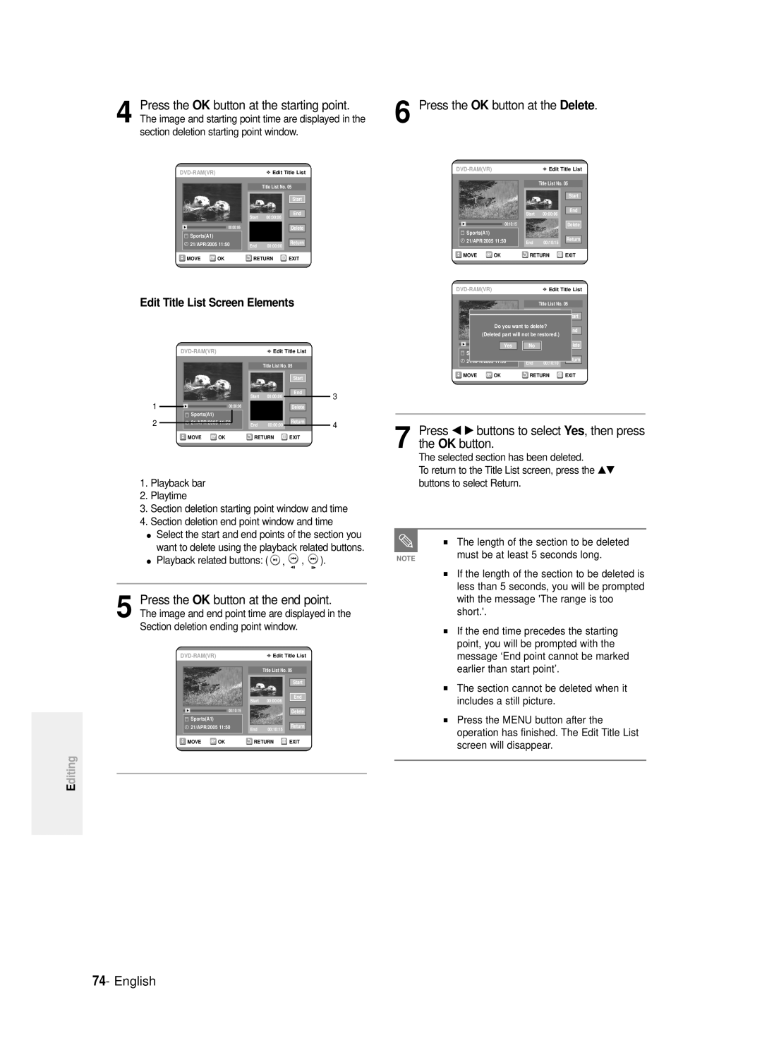 Samsung DVD-R121/EUR manual Press the OK button at the end point, Delete, Edit Title List Screen Elements, Yes, then press 