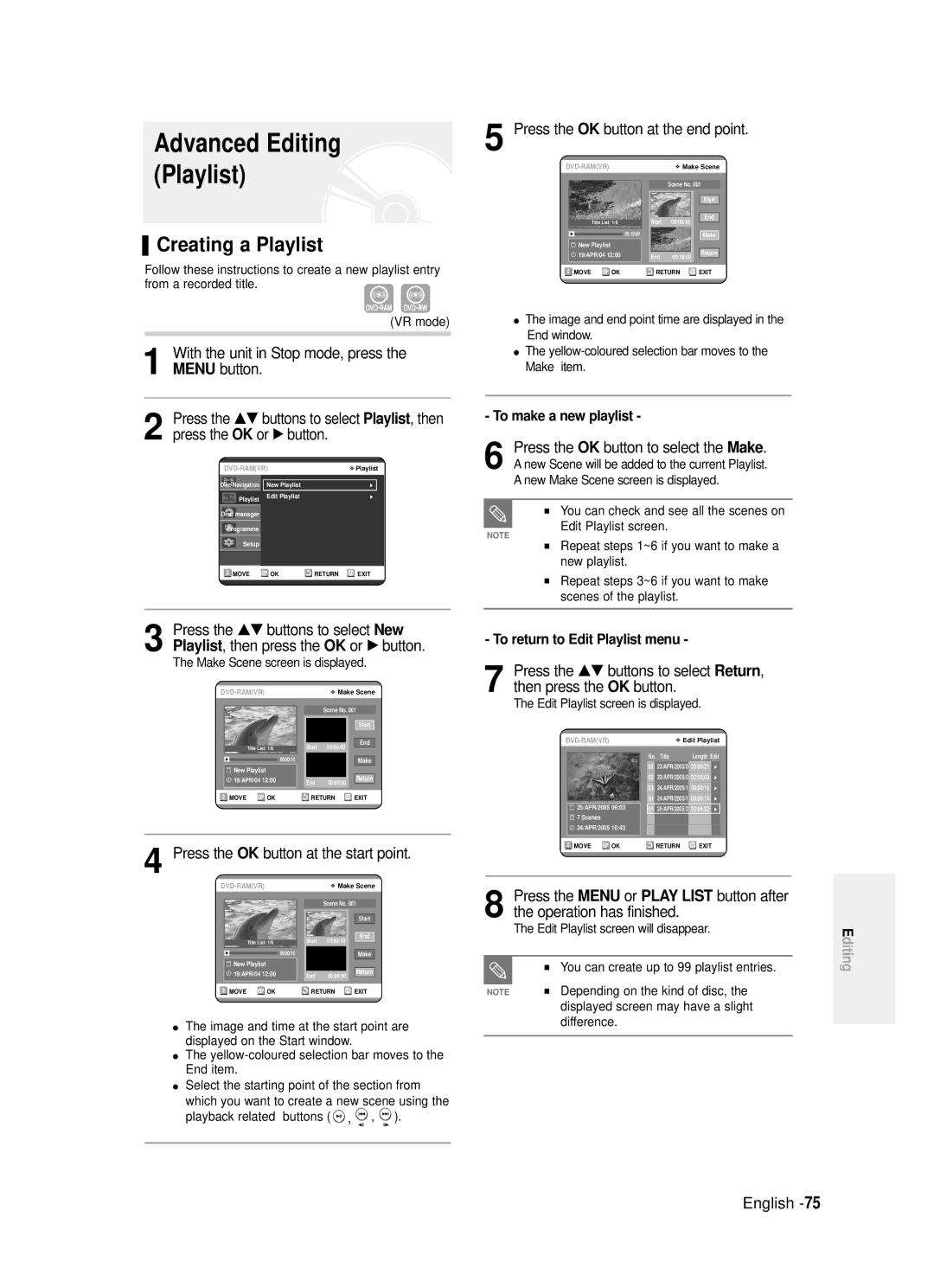 Samsung DVD-R120/EUR manual Creating a Playlist, New, Press the OK button to select the Make, Operation has finished 