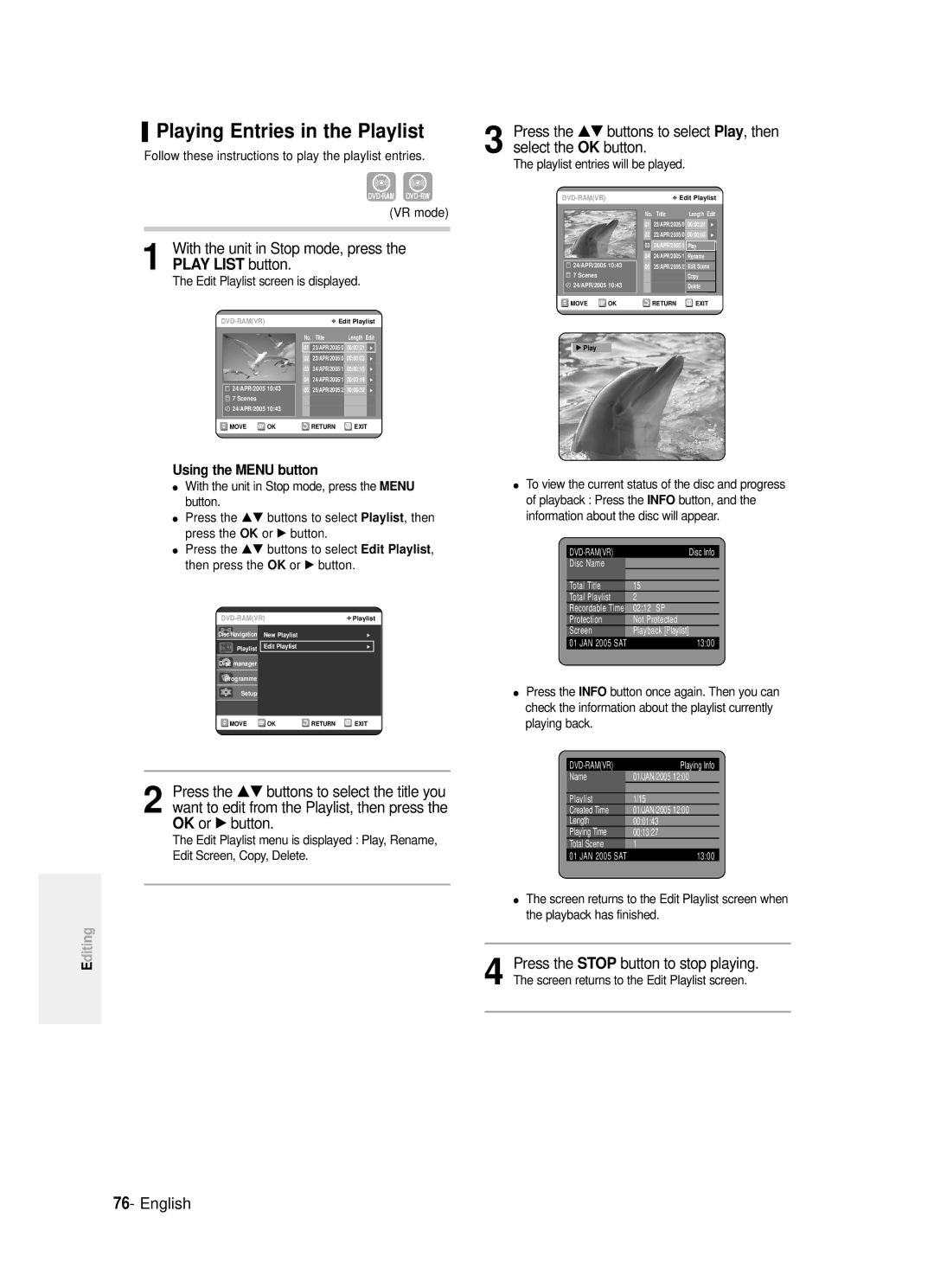 Samsung DVD-R120/XET, DVD-R121/XET, DVD-R121/EUR manual Playing Entries in the Playlist, Play List button, Edit Playlist 