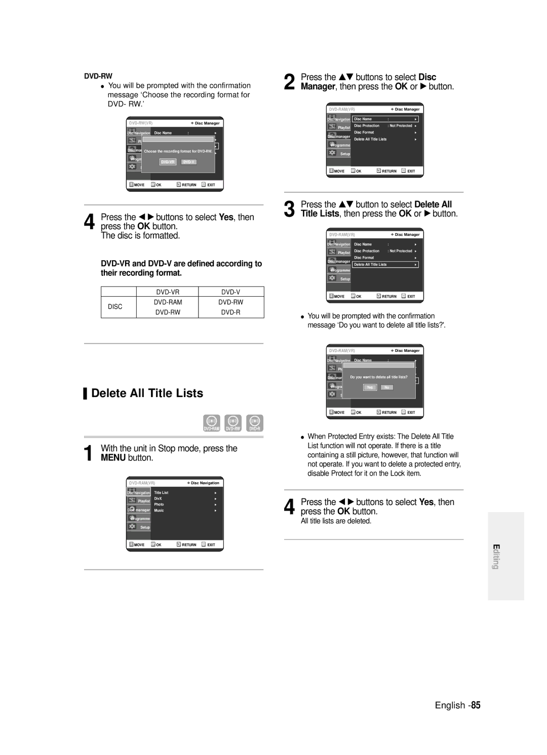 Samsung DVD-R121/XET, DVD-R120/XET manual Delete All Title Lists, OK button Disc is formatted, All title lists are deleted 