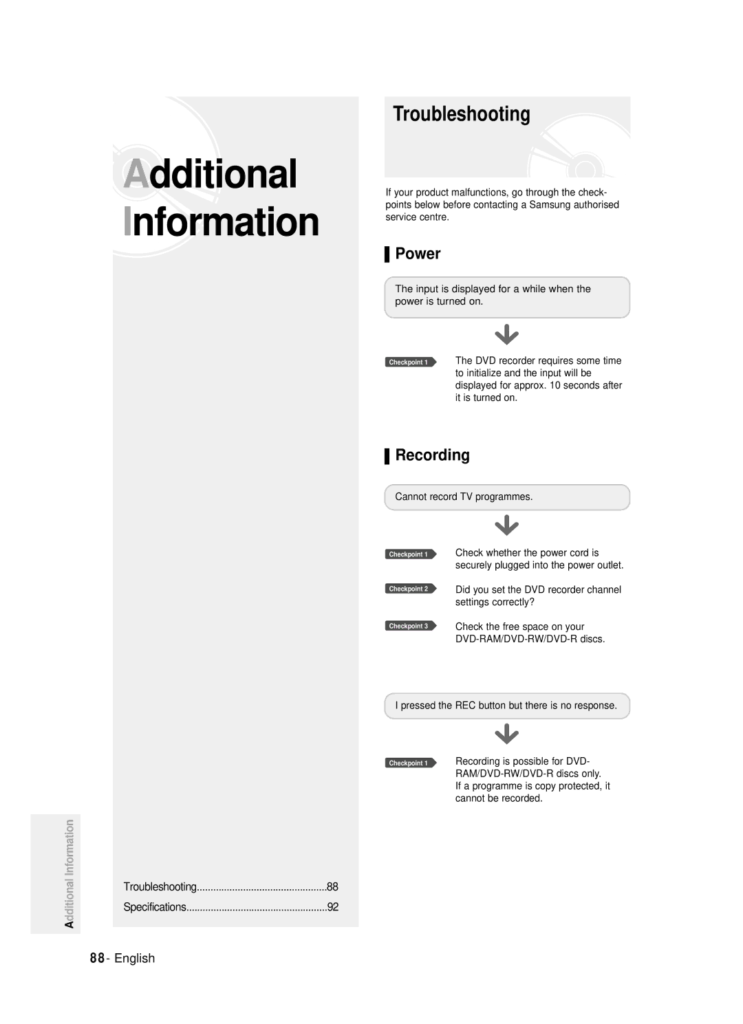Samsung DVD-R120/XET, DVD-R121/XET, DVD-R121/EUR, DVD-R120/EUR Troubleshooting, Power, Recording, Additional Information 