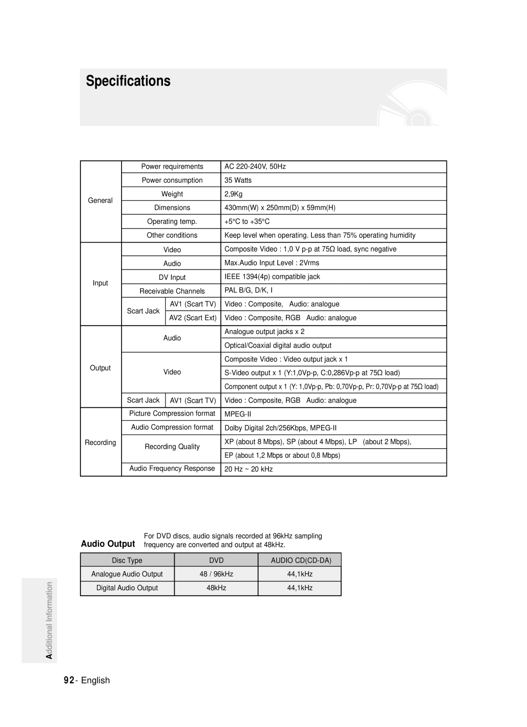 Samsung DVD-R120/XET, DVD-R121/XET, DVD-R121/EUR, DVD-R120/EUR manual Specifications 