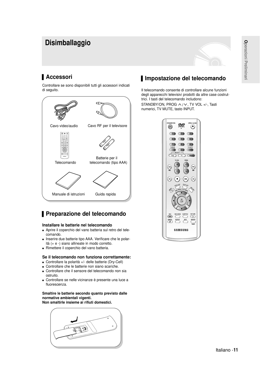 Samsung DVD-R120E/XET, DVD-R121E/XEG Disimballaggio, Accessori, Preparazione del telecomando, Impostazione del telecomando 