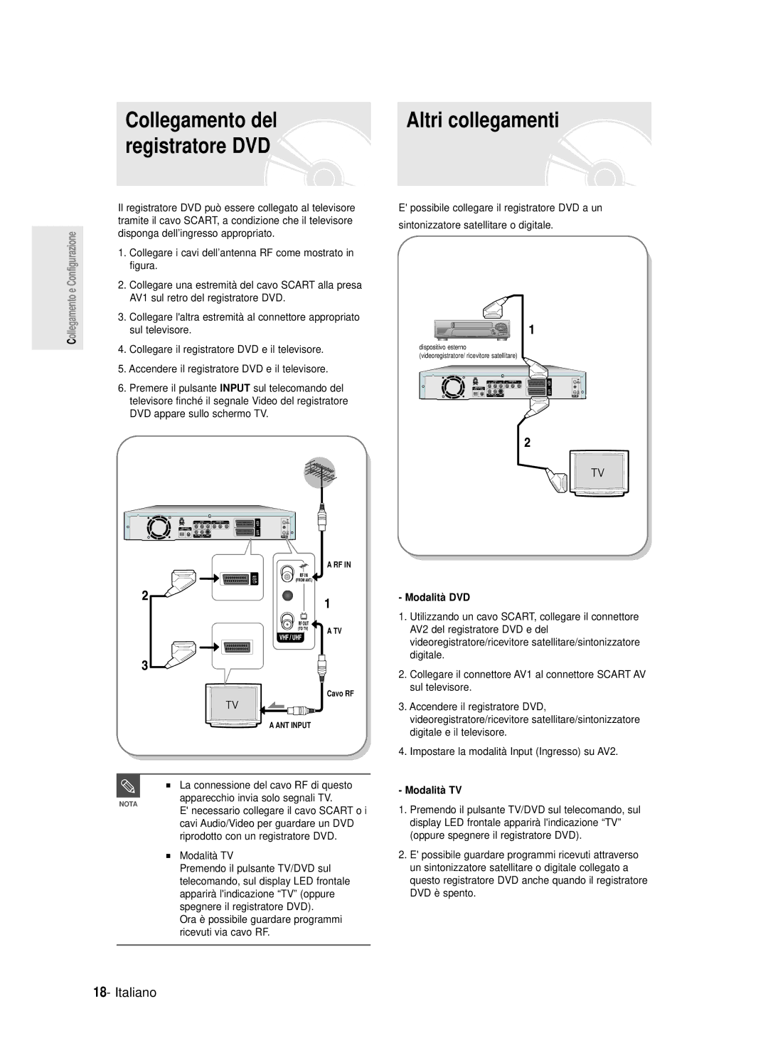 Samsung DVD-R120/XET, DVD-R121E/XEG, DVD-R120/AFS manual Collegamento del, Registratore DVD, Modalità DVD, Modalità TV 