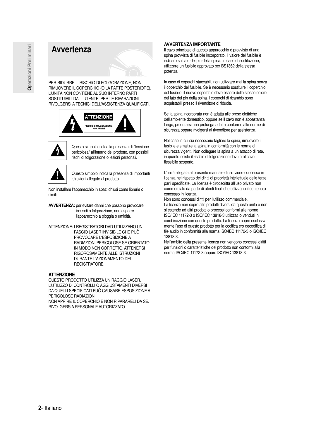 Samsung DVD-R120/XET, DVD-R121E/XEG manual Avvertenza, Italiano, Non sono concessi diritti per l’utilizzo commerciale 