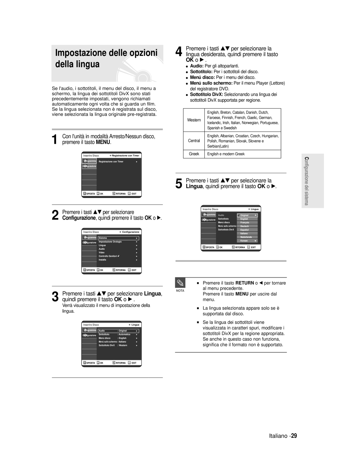 Samsung DVD-R120/AFS, DVD-R121E/XEG, DVD-R120/XET manual Impostazione delle opzioni della lingua, Premere il tasto Menu 