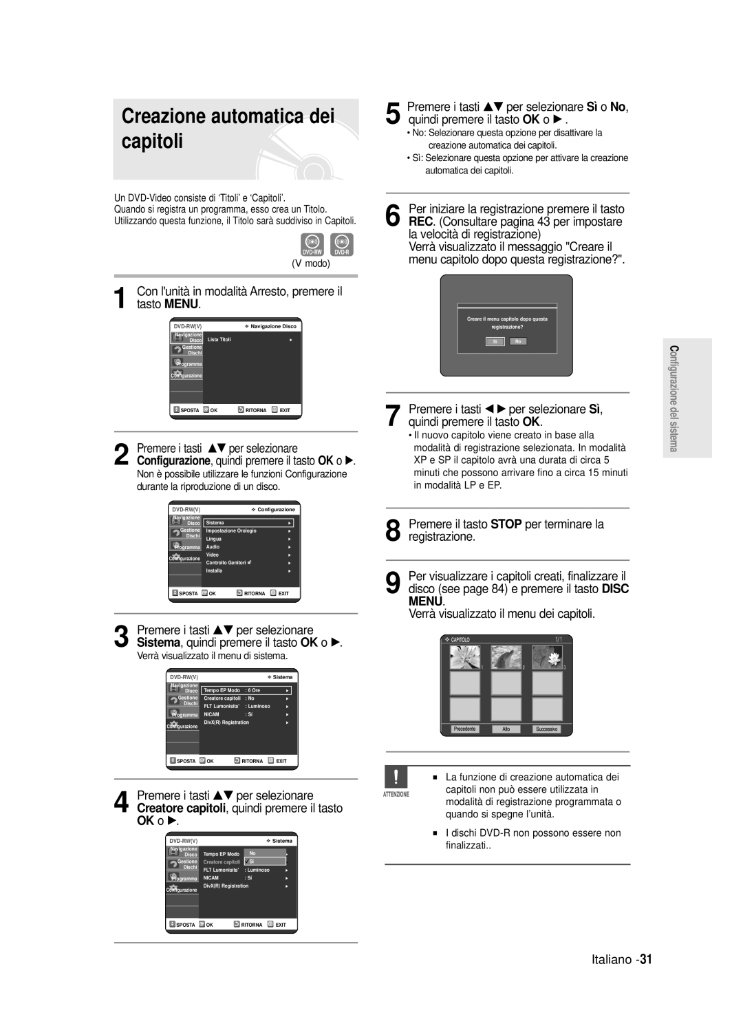 Samsung DVD-R120E/XET, DVD-R121E/XEG manual Capitoli, Quindi premere il tasto OK o √, Premere i tasti …† per selezionare 