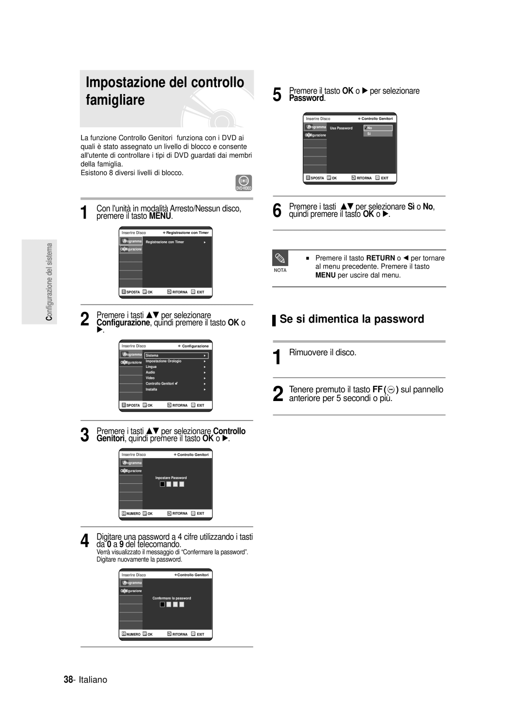 Samsung DVD-R120/XET manual Impostazione del controllo famigliare, Se si dimentica la password, Da 0 a 9 del telecomando 