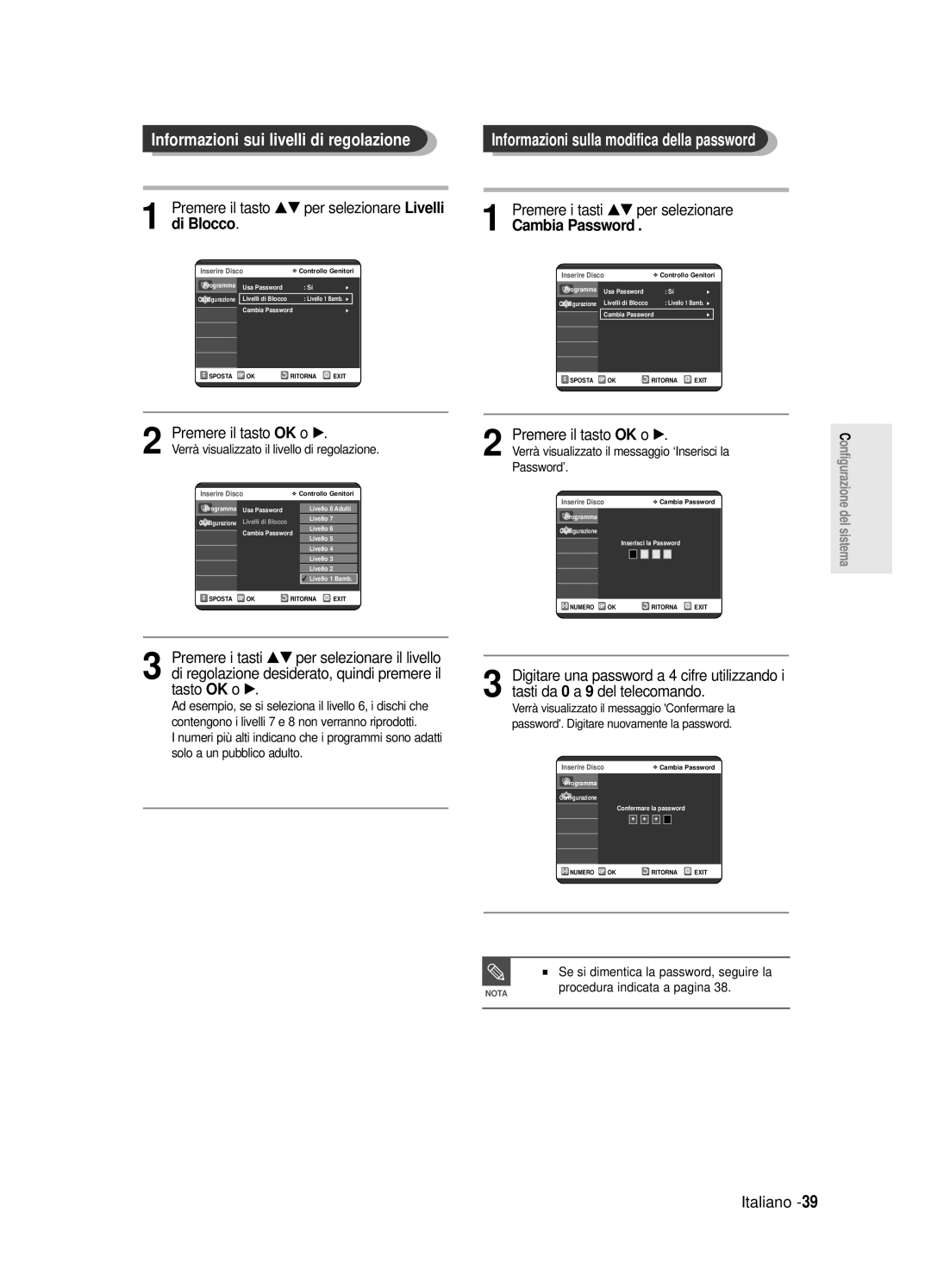 Samsung DVD-R120E/XET, DVD-R121E/XEG, DVD-R120/AFS manual Informazioni sui livelli di regolazione, Premere il tasto OK o √ 