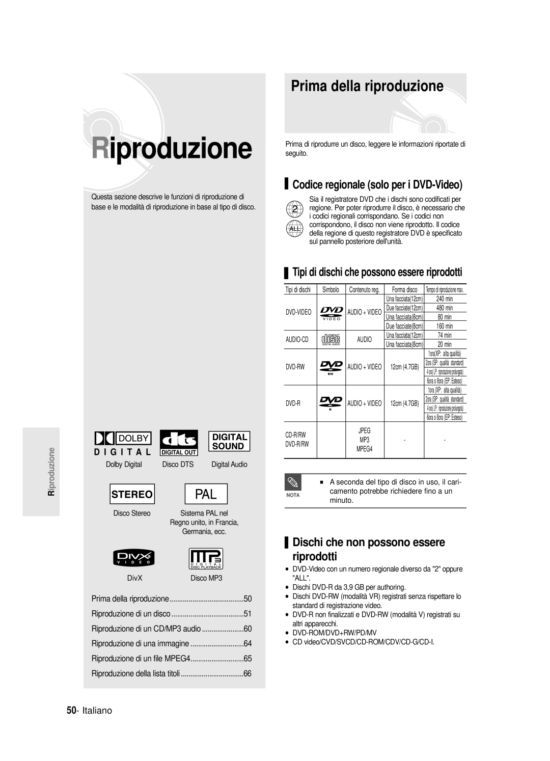 Samsung DVD-R120/XET, DVD-R121E/XEG, DVD-R120/AFS manual Prima della riproduzione, Codice regionale solo per i DVD-Video 