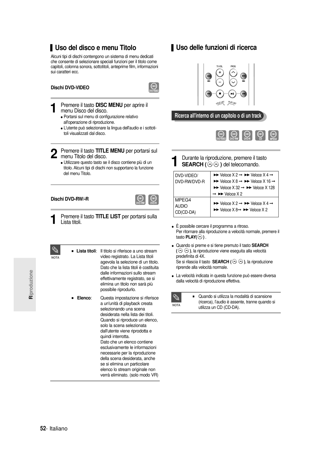 Samsung DVD-R121E/XEG, DVD-R120/AFS, DVD-R120/XET Uso del disco e menu Titolo, Uso delle funzioni di ricerca, Lista titoli 