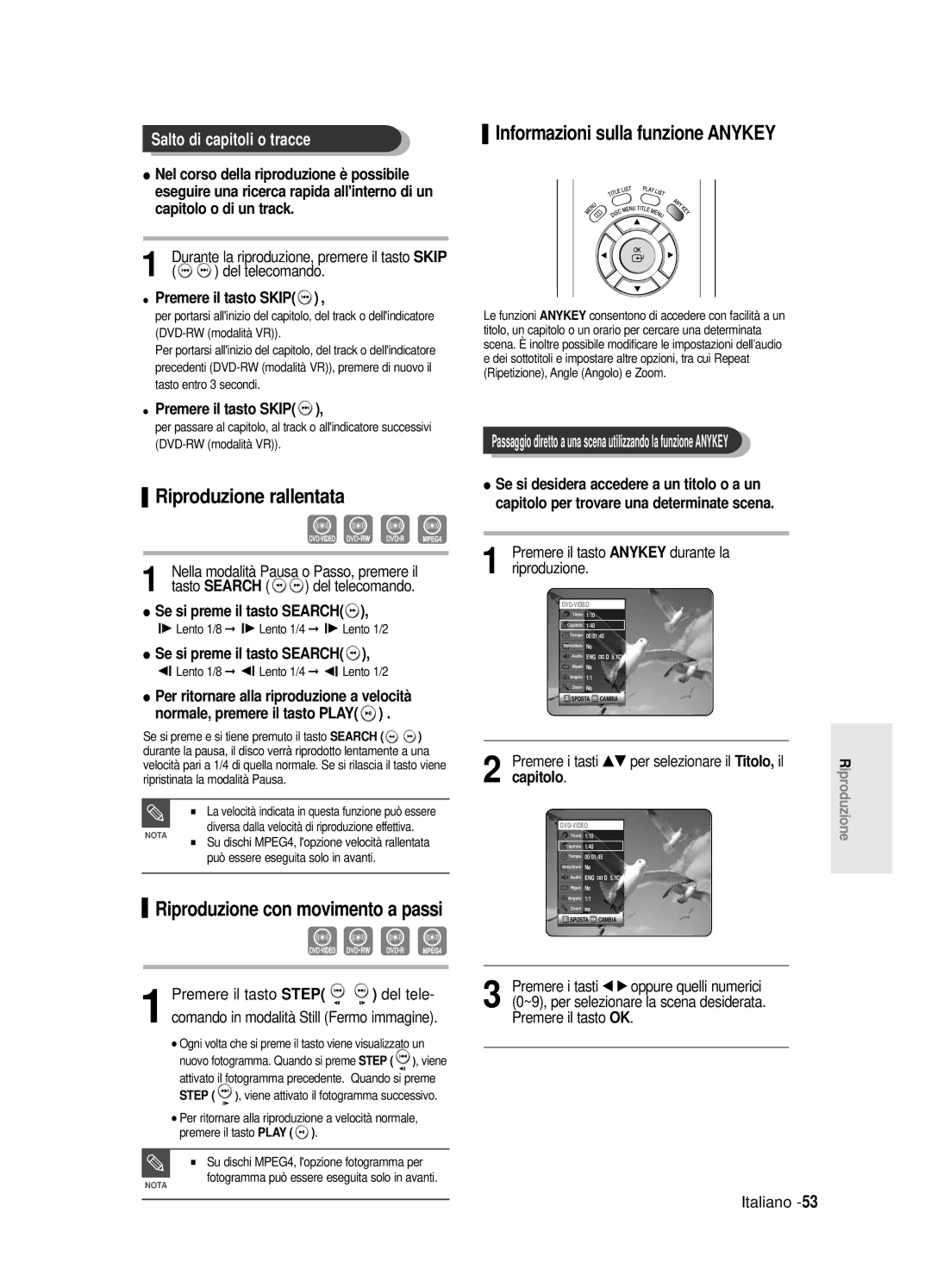 Samsung DVD-R120/AFS Riproduzione rallentata, Salto di capitoli o tracce, Premere il tasto Anykey durante la, Capitolo 