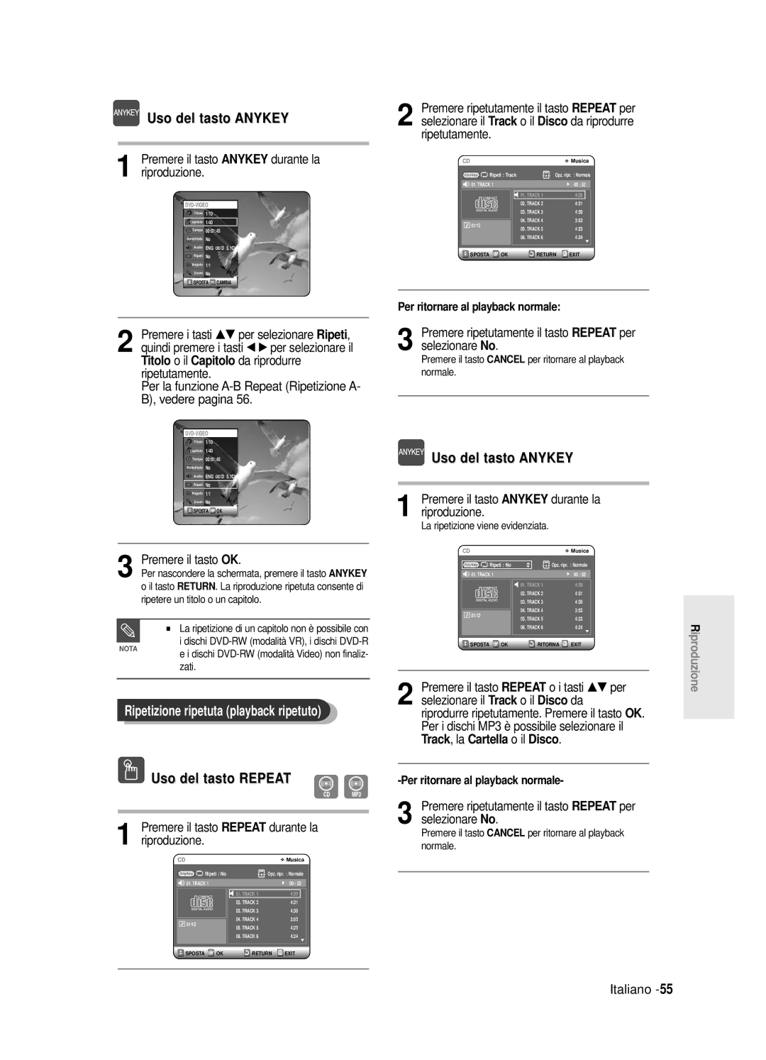 Samsung DVD-R120E/XET, DVD-R121E/XEG, DVD-R120/AFS manual Uso del tasto Anykey, Ripetizione ripetuta playback ripetuto 