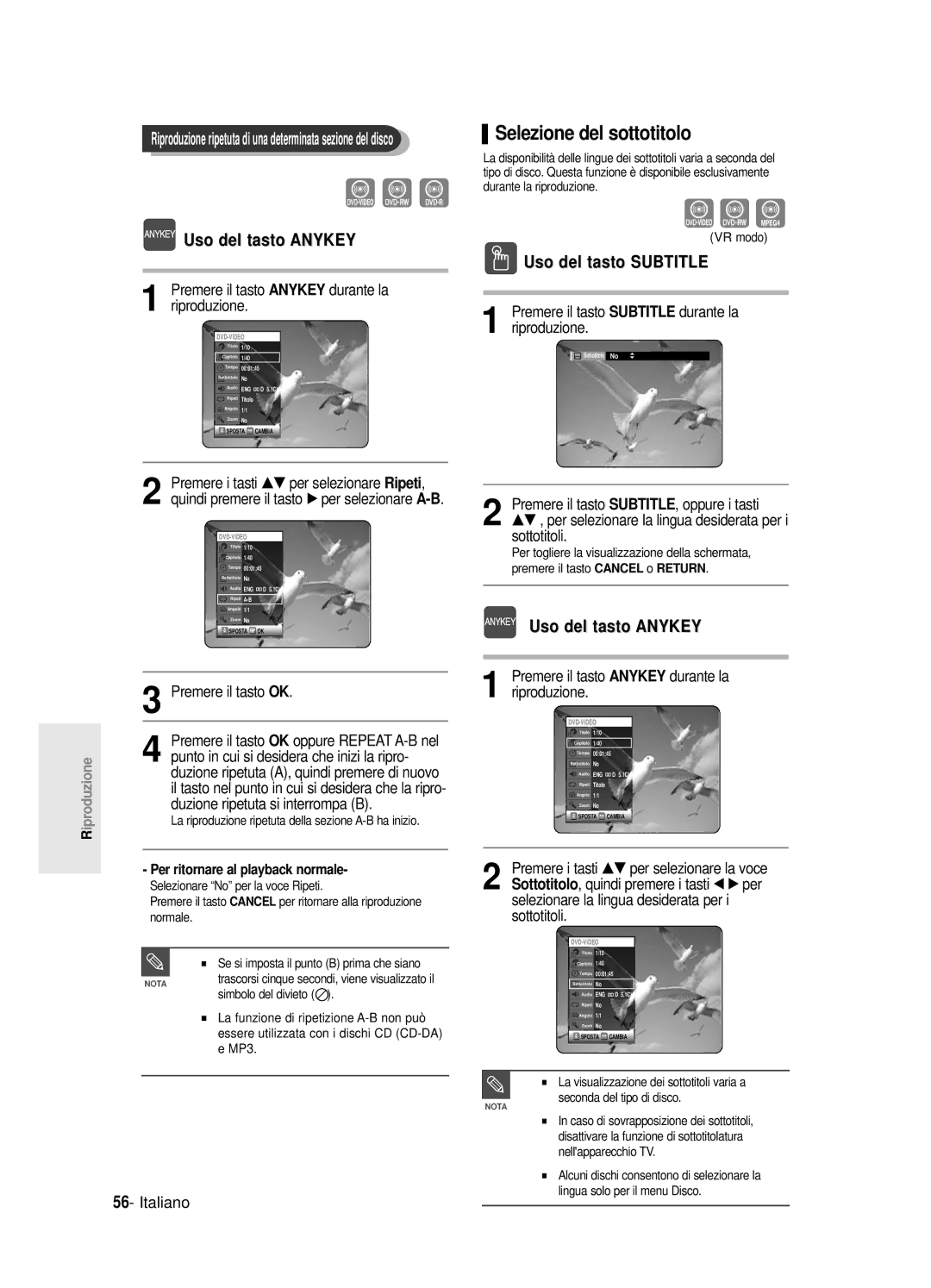 Samsung DVD-R121E/XEG, DVD-R120/AFS Selezione del sottotitolo, Uso del tasto Subtitle, Sottotitoli, Uso del tasto Anykey 