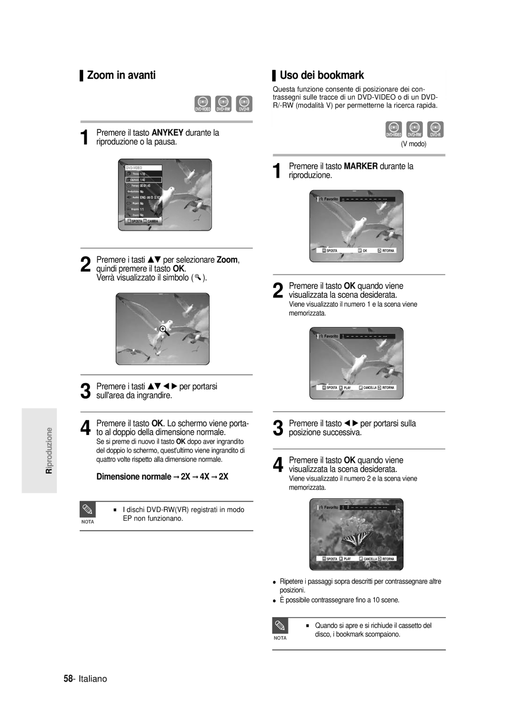 Samsung DVD-R120/XET, DVD-R121E/XEG manual Zoom in avanti, Uso dei bookmark, Premere il tasto Marker durante la riproduzione 