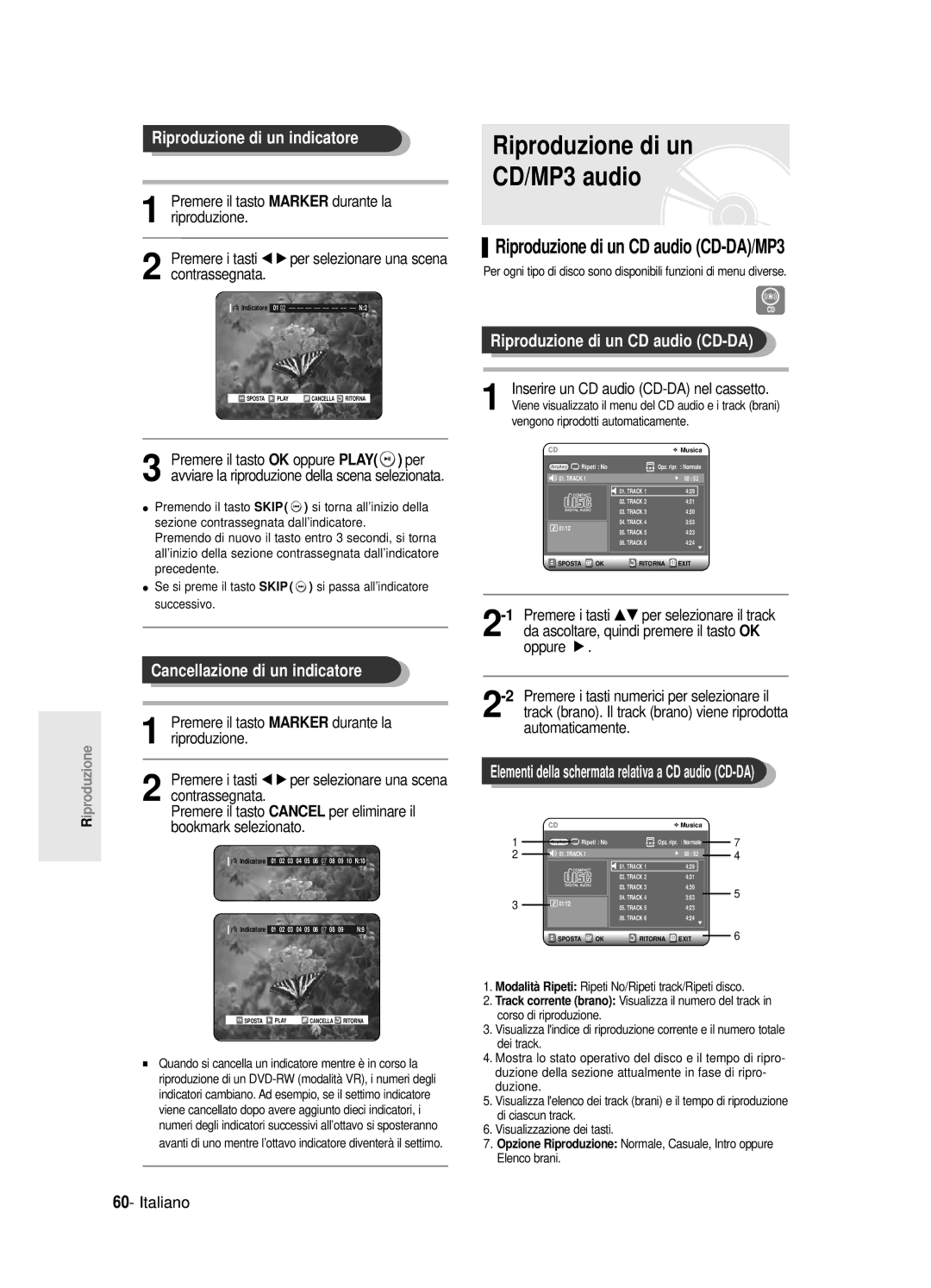 Samsung DVD-R121E/XEG manual Riproduzione di un CD/MP3 audio, Riproduzione di un indicatore, Cancellazione di un indicatore 