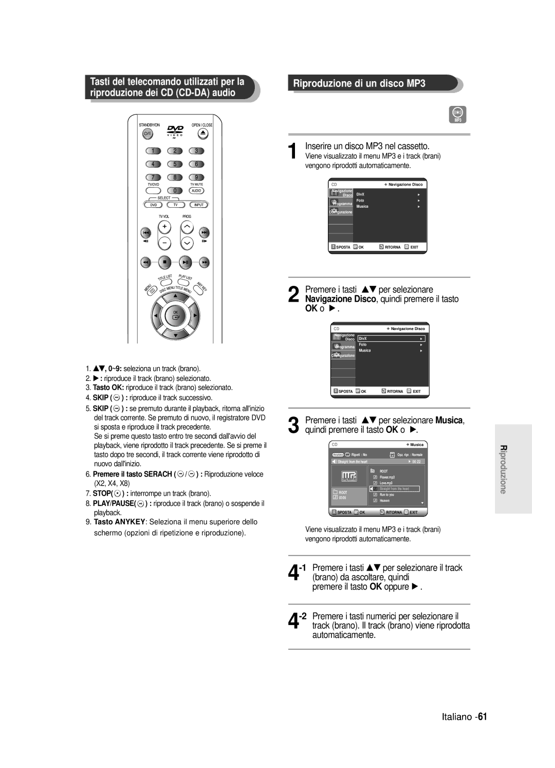 Samsung DVD-R120/AFS, DVD-R121E/XEG, DVD-R120/XET Tasti del telecomando utilizzati per la, Riproduzione dei CD CD-DA audio 