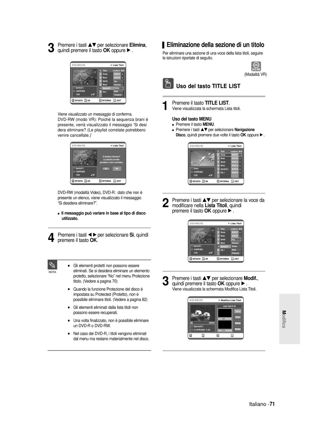 Samsung DVD-R120E/XET, DVD-R121E/XEG manual Eliminazione della sezione di un titolo, Modalità VR, Titolo. Vedere a pagina 