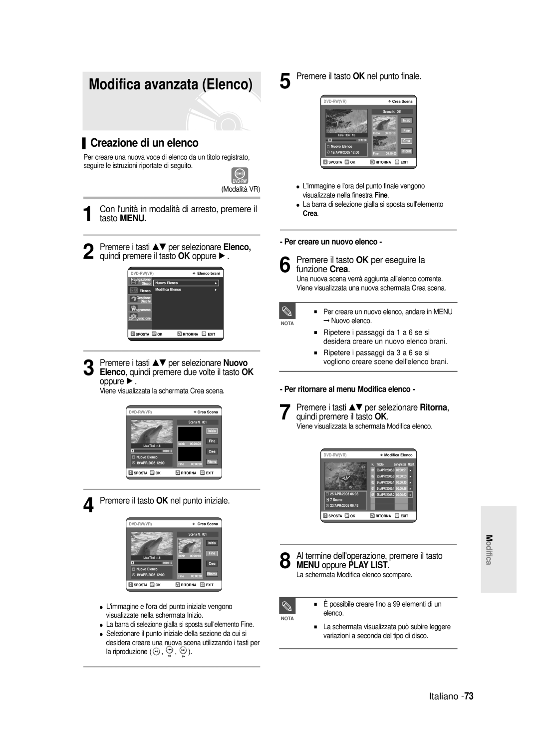 Samsung DVD-R120/AFS, DVD-R121E/XEG manual Creazione di un elenco, Con lunità in modalità di arresto, premere il tasto Menu 