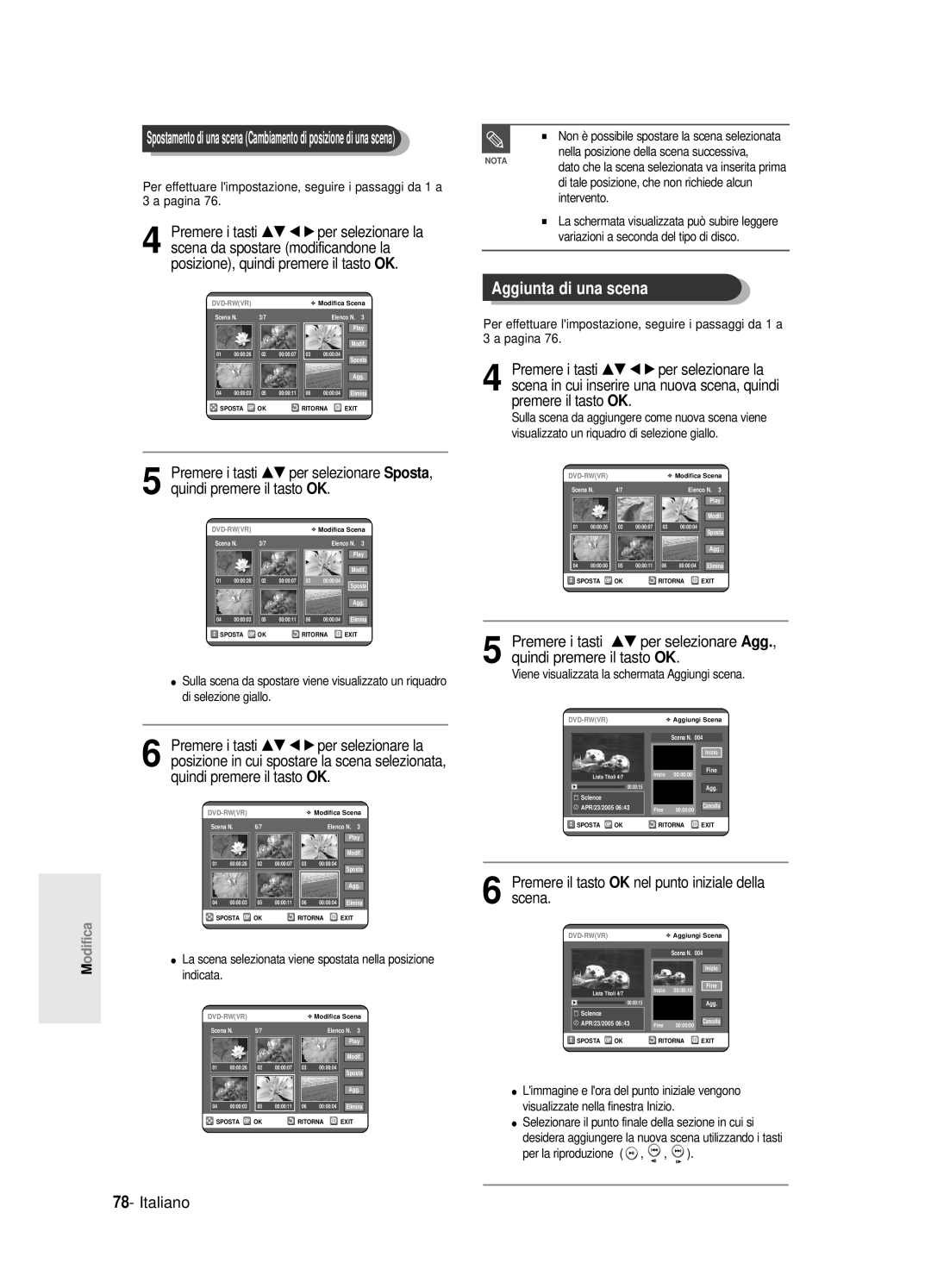 Samsung DVD-R120/XET manual Aggiunta di una scena, Premere i tasti …† œ √ per selezionare la, Quindi premere il tasto OK 