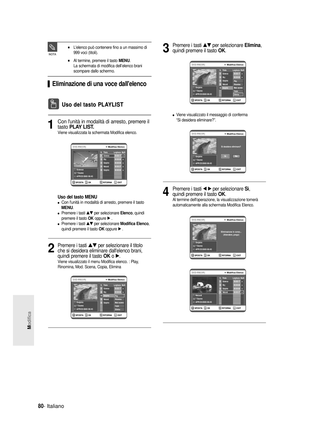 Samsung DVD-R121E/XEG, DVD-R120/AFS, DVD-R120/XET Eliminazione di una voce dallelenco, Uso del tasto Playlist, Voci titoli 